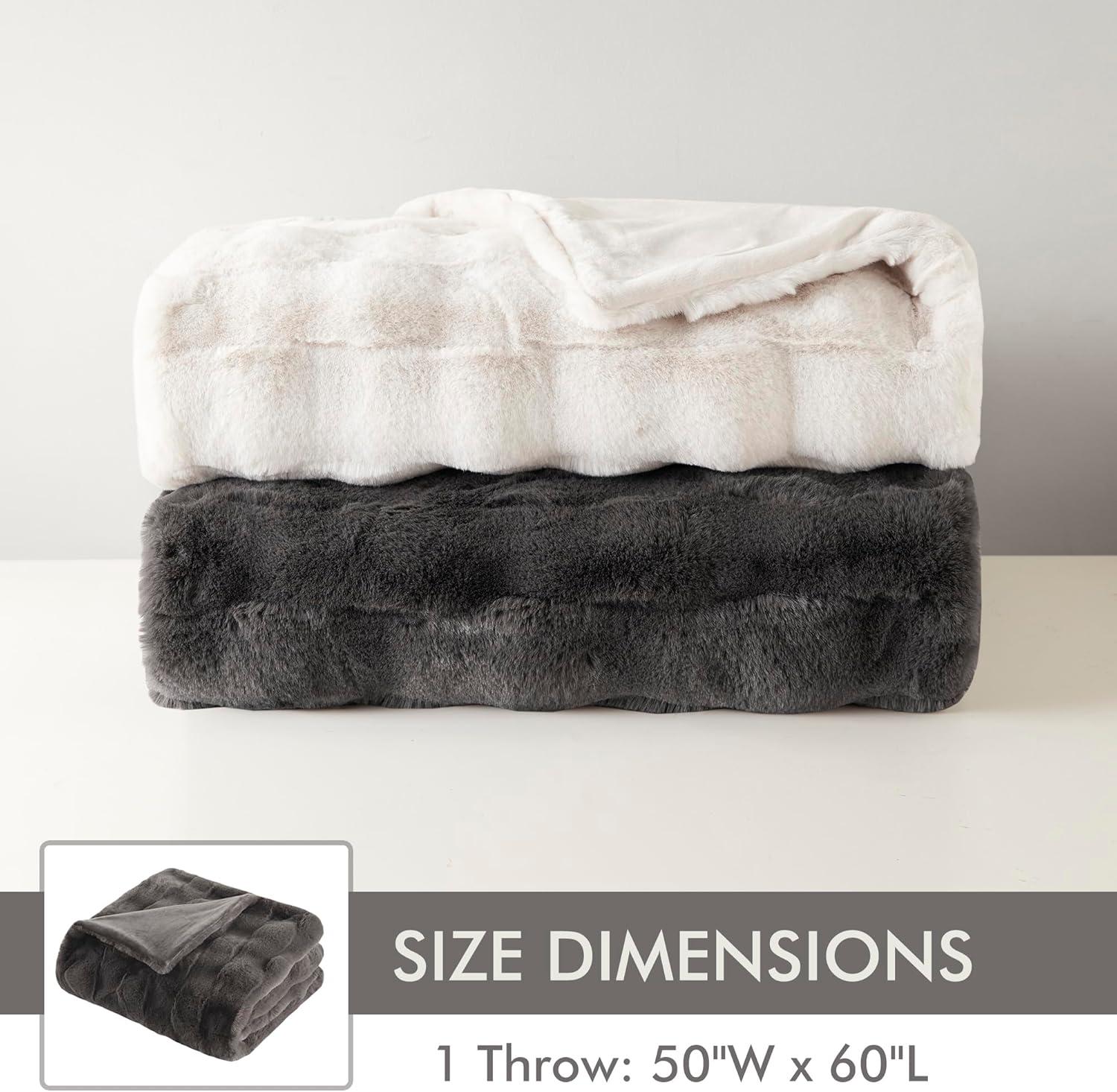 Gray Reversible Faux Fur Basketweave Throw Blanket