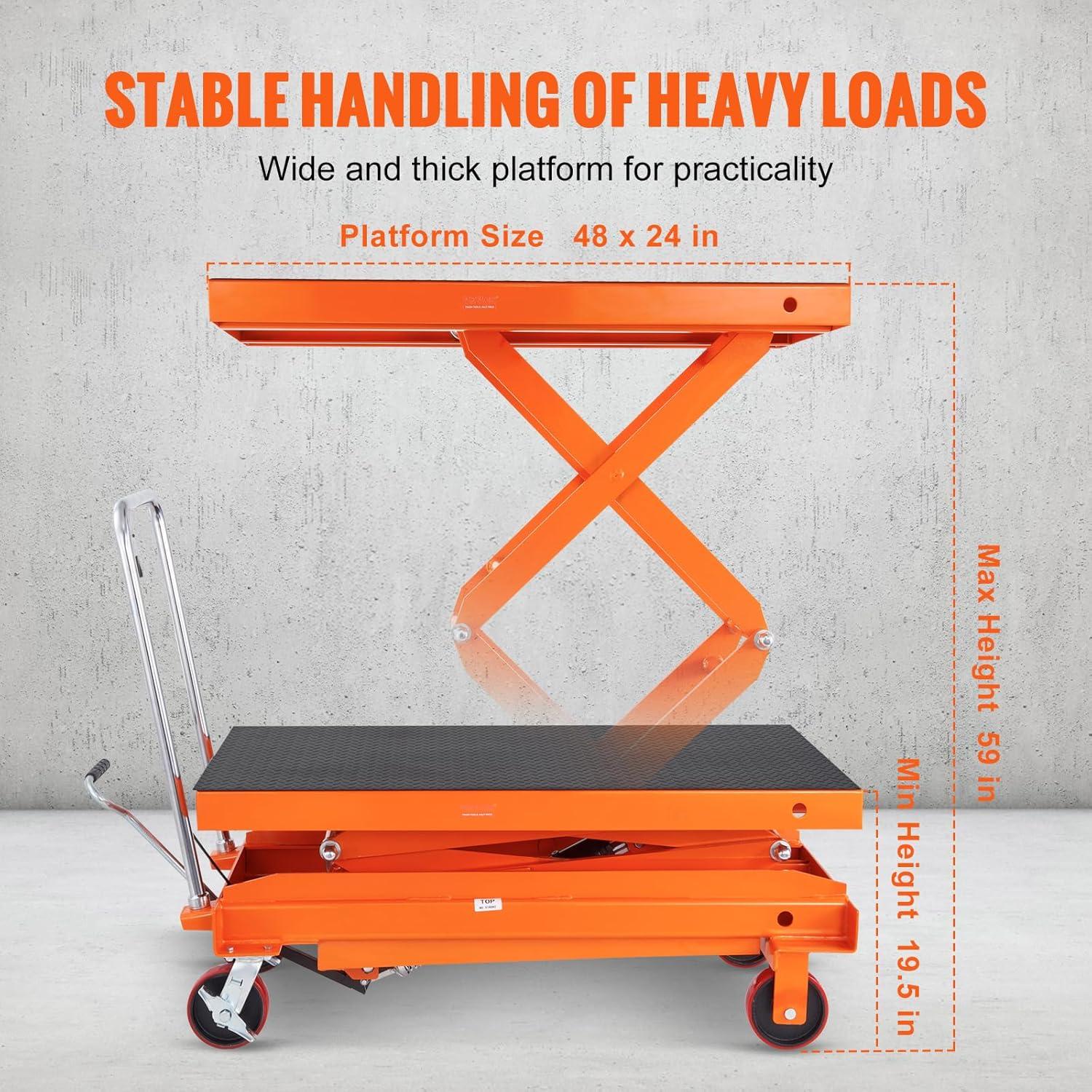 VEVOR Orange Hydraulic Lift Table Cart with Non-Slip Pad