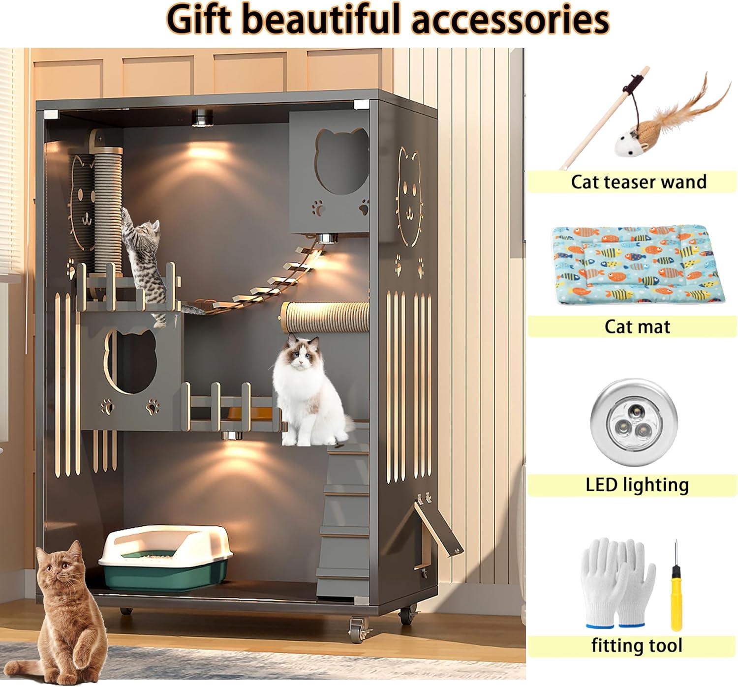 PAKASEPT Wooden Cat Villa, Large Cat Enclosure Indoor/Outdoor Enclosed Cat Houses with Ventilation, Glass Doors & Wheels for 2 Cats