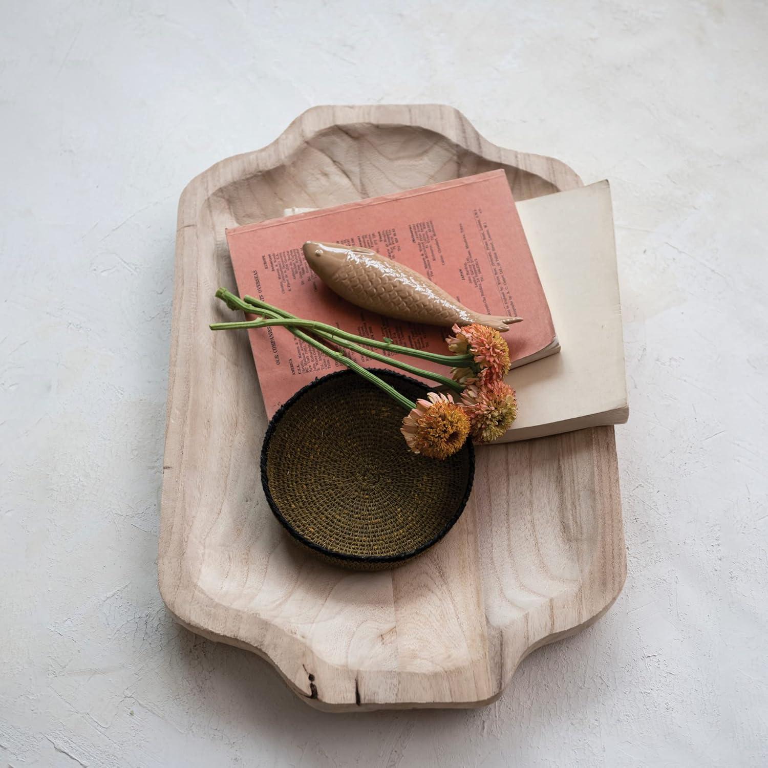 Natural Paulownia Wood Decorative Tray with Carved Design