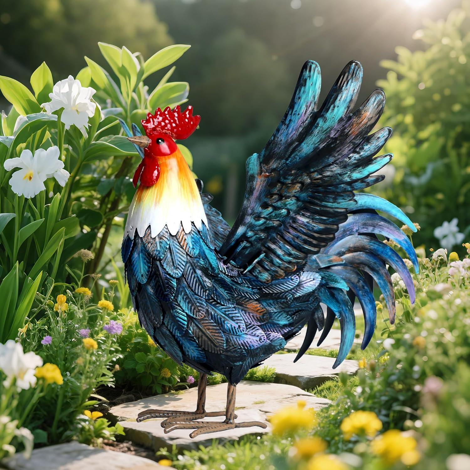 chisheen Metal Rooster Yard Decor Garden Statue Outdoor Chicken Decorations Sculpture for Backyard Patio Kitchen Lawn Ornaments Gifts for Mom C42