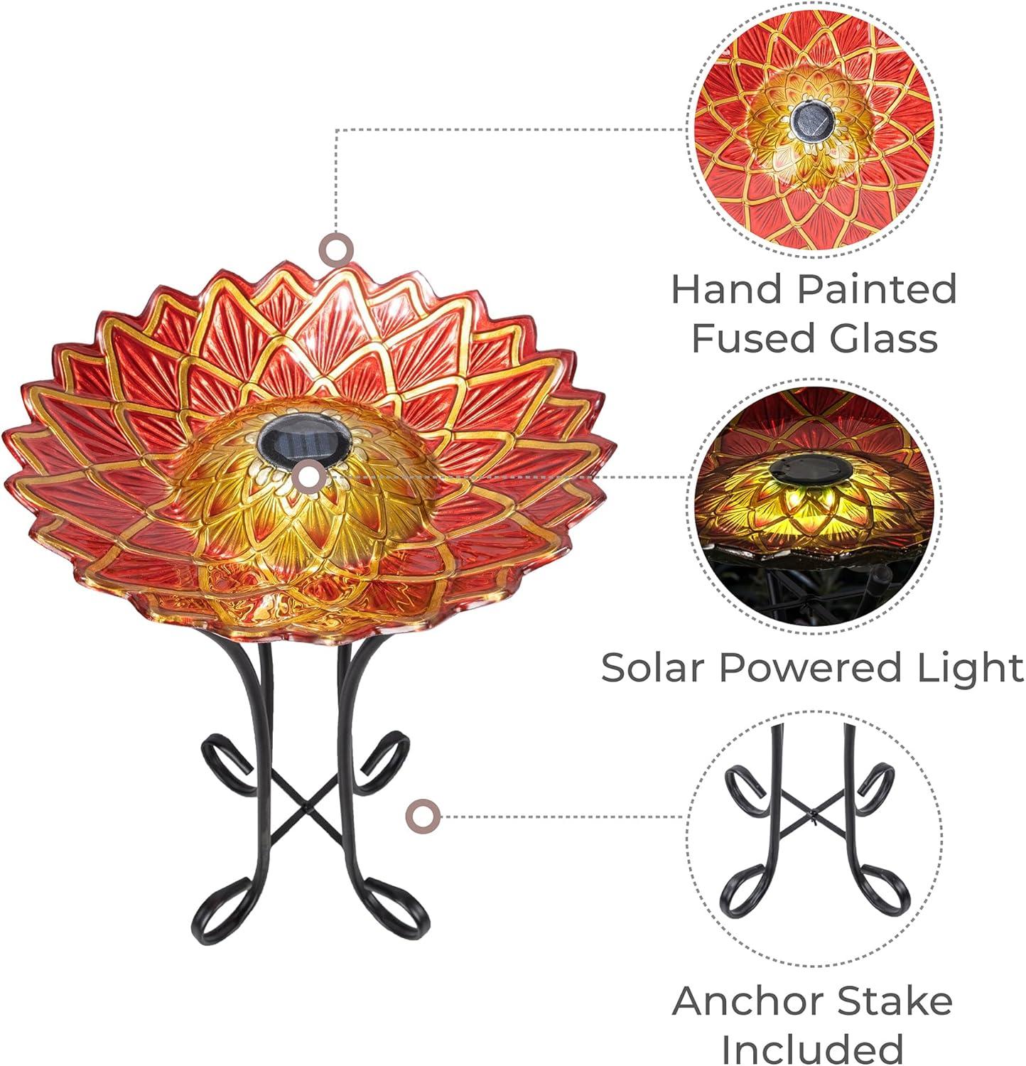 Teamson Home 17.8" Dahlia-Shaped Fusion Glass Birdbath with Solar-Powered Light