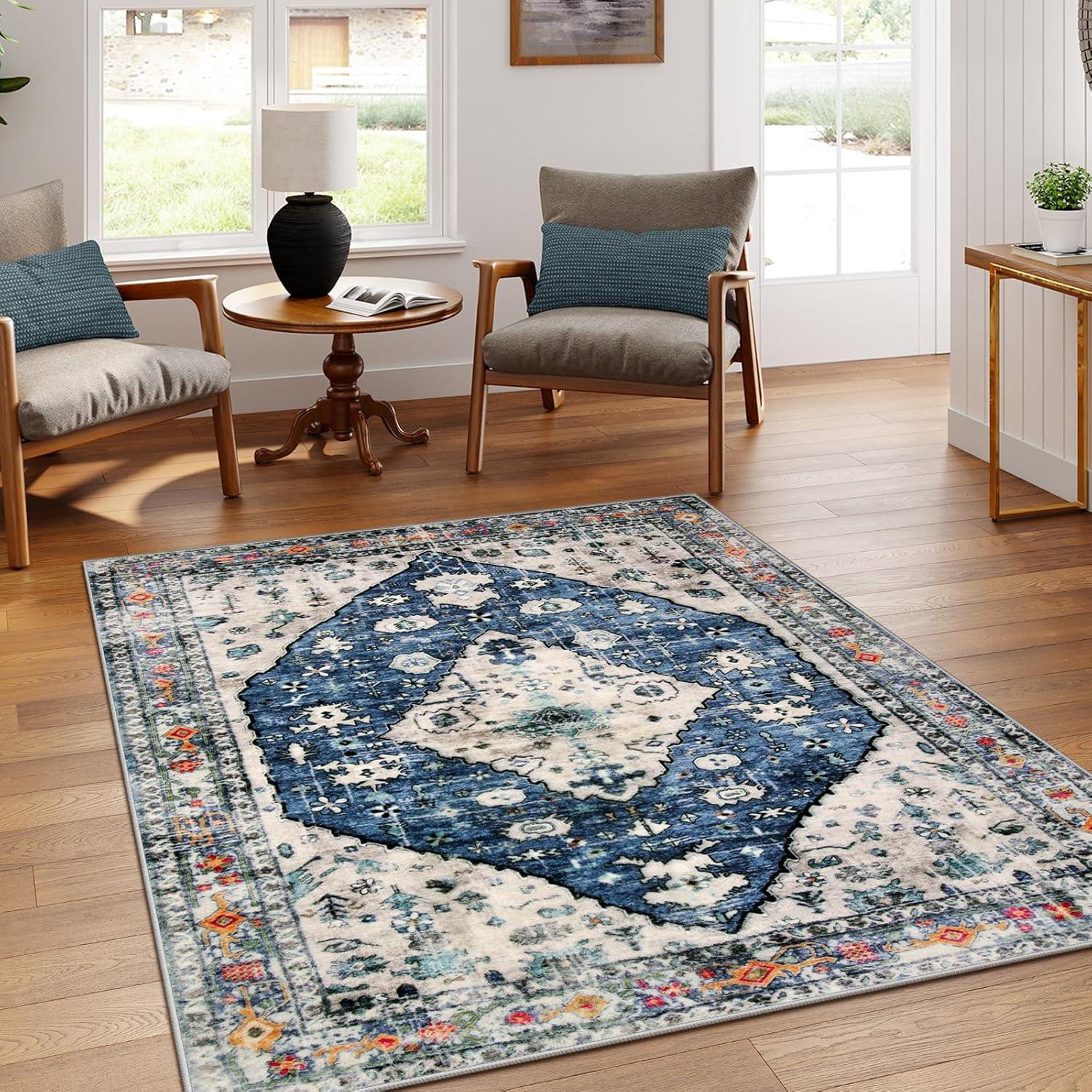 Wonnitar 5'x7' Area Rugs for Living Room Boho Tribal Washable Bedroom Rugs Large Soft Dining Room Mat Non Slip Indoor Carpet for Dorm Kitchen Nursery Dining Bedroom,Blue
