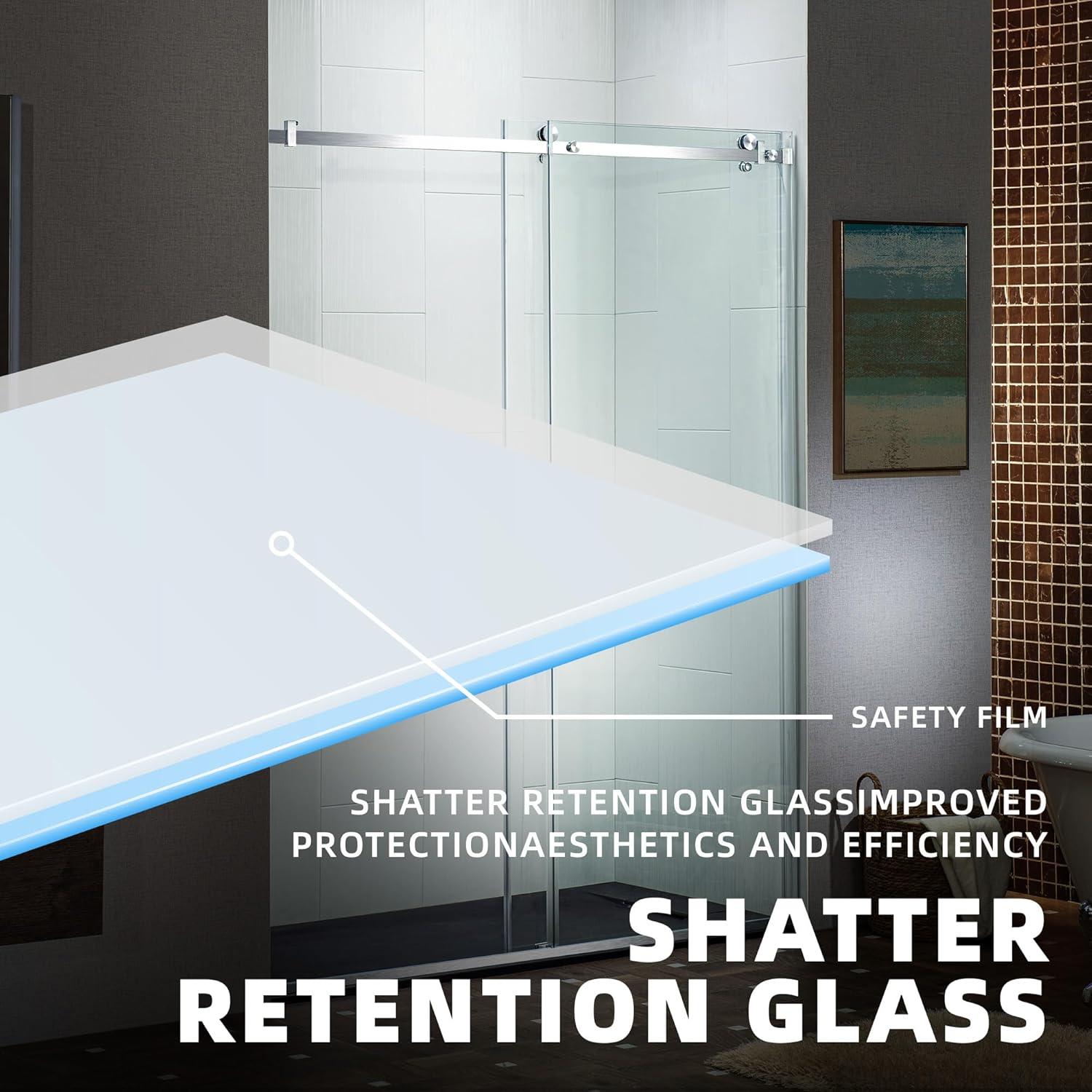 WoodBridge Semi-Frameless Single Sliding Shower Doors, 56-60" W X 76" H With 5/16" Clear Tempered Glass And Explosion-Proof Film MSDF6076-C