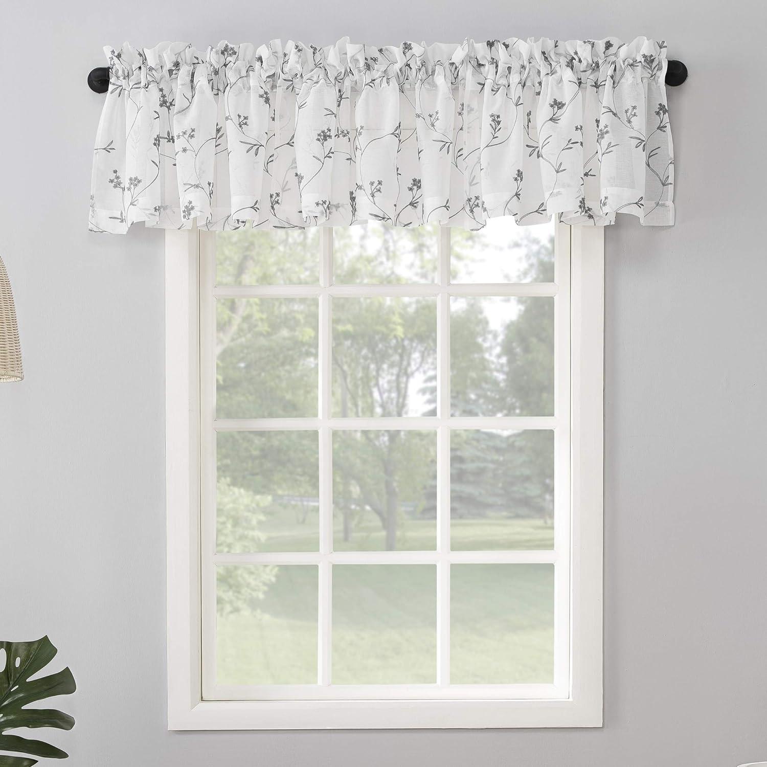 17"x50" Delia Embroidered Floral Sheer Rod Pocket Curtain Valance - No. 918