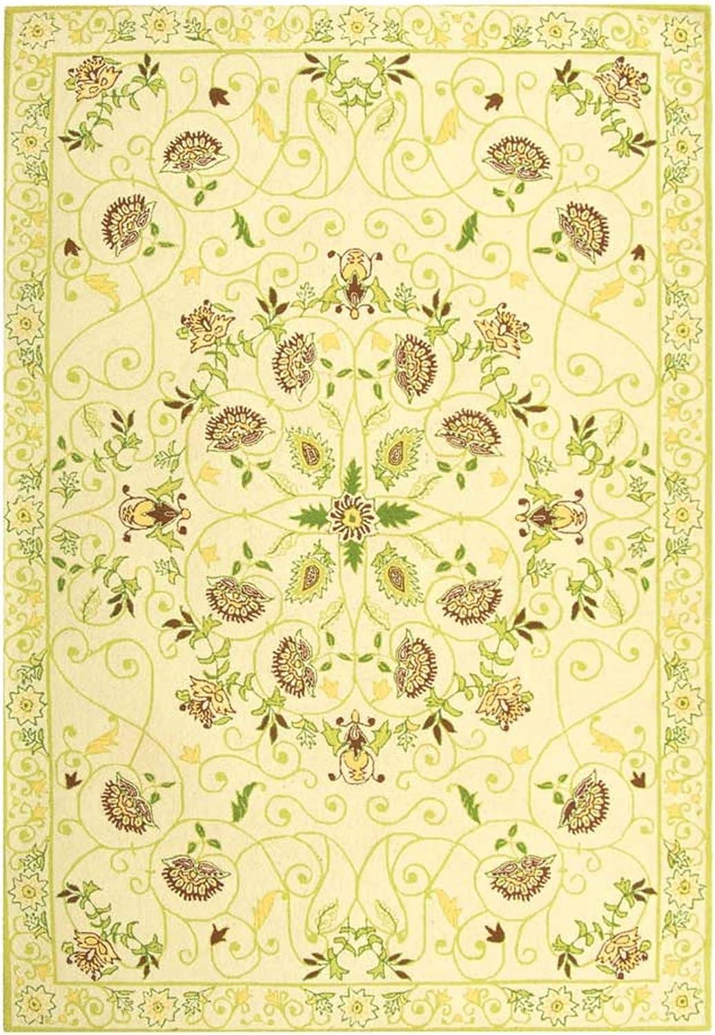 Ivory and Green Floral Wool Hooked Area Rug, 6' x 9'