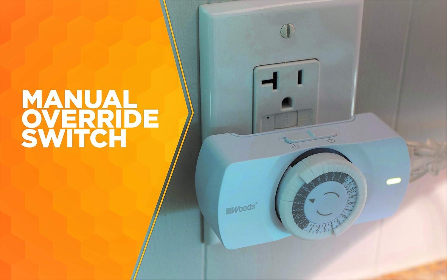 Woods 50101WD Easy-to-use Narrow Style Indoor 24-Hour Mechanical Timer, Single 2-prong (polarized) Outlet, White