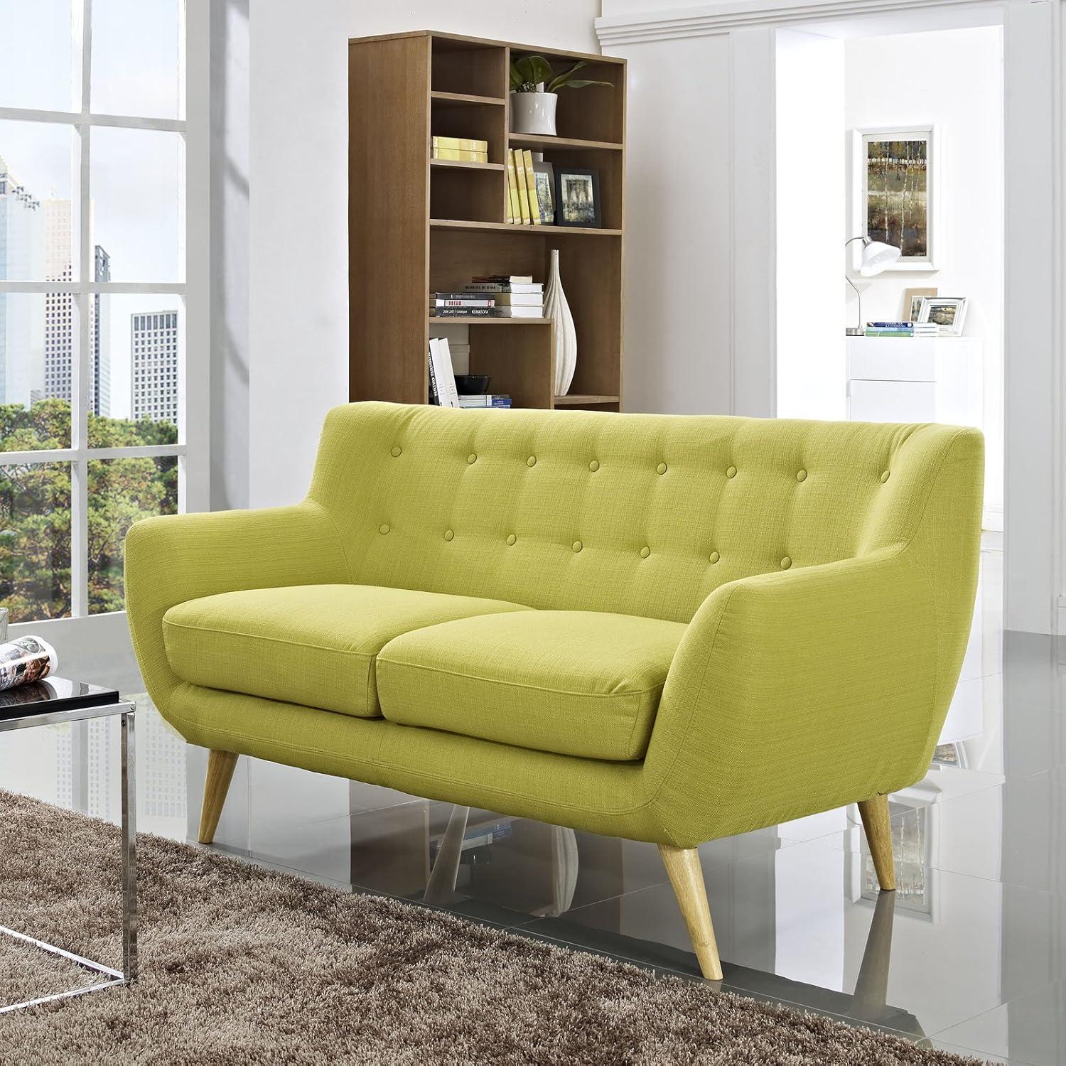 Wheatgrass Green Tufted Mid-Century Modern Loveseat with Wood Legs