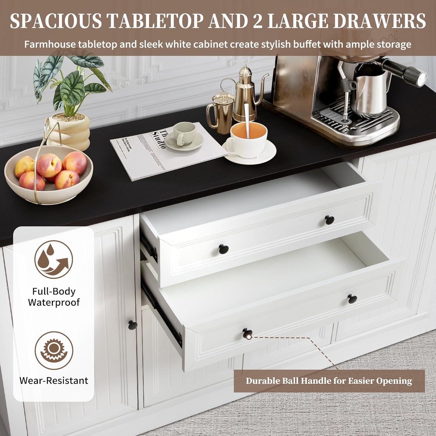 Magic Union 58" Farmhouse Sideboard Buffet Cabinet, Coffee Bar Cabinet with 2 Large Drawers & 4 Grooved Barn Doors, Wood Storage Cabinets for Dinning Room, Kitchen, Living Room, White