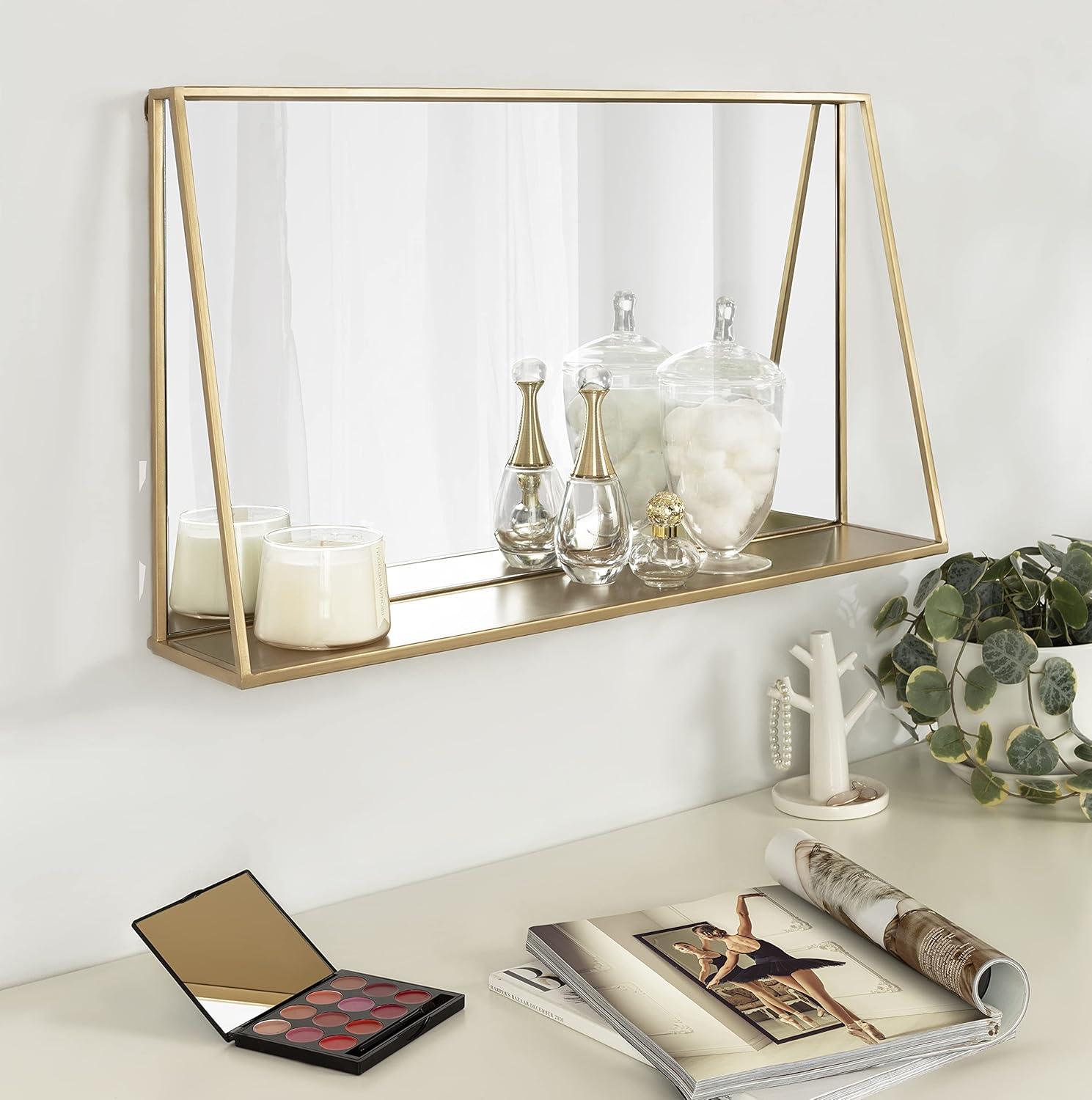 28"x16" Lintz Metal Framed Decorative Wall Mirror with Shelf Gold: Modern Rectangle, No Assembly - Kate & Laurel All Things Decor