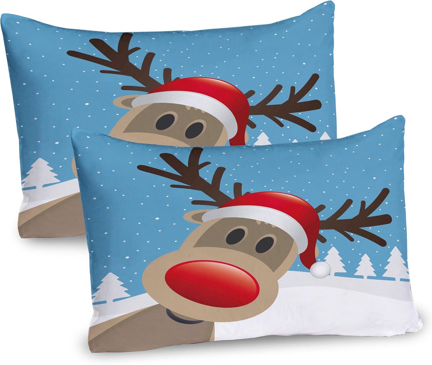 Christmas Reindeer Red Nose Microfiber Pillow Shams Set