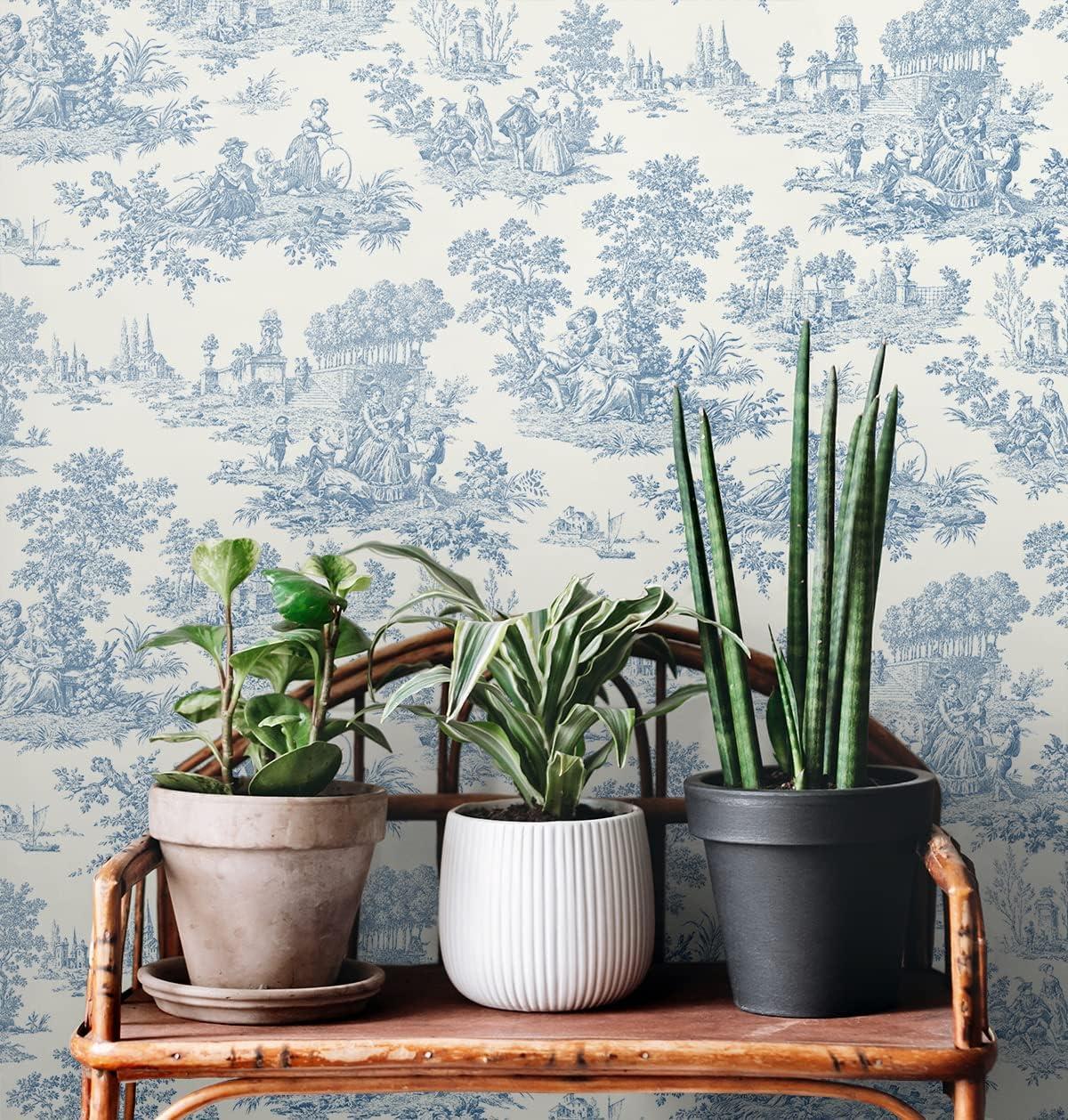 NextWall Chateau Toile Peel and Stick Wallpaper Blue: Removable Vinyl, Self-Adhesive, Traditional Toile Design, 30.75 Sq Ft Coverage