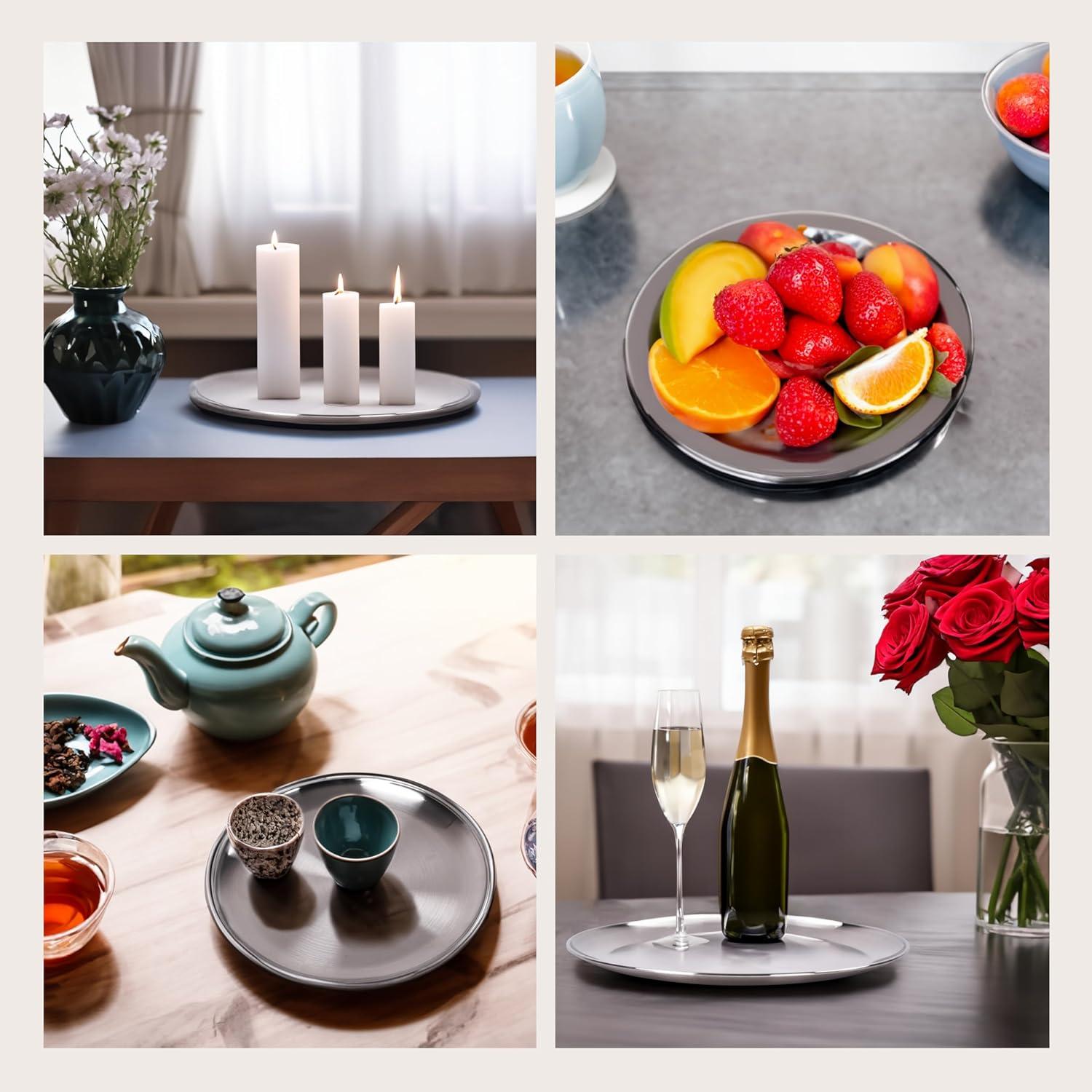 WHOLE HOUSEWARES Metal Serving Tray - Round Silver Serving Tray - Circular Metal Platter - Cocktail Serving Bar Tray - Chrome-Plated Steel Tray for Coffee Table - 13.3 x 0.4 inches