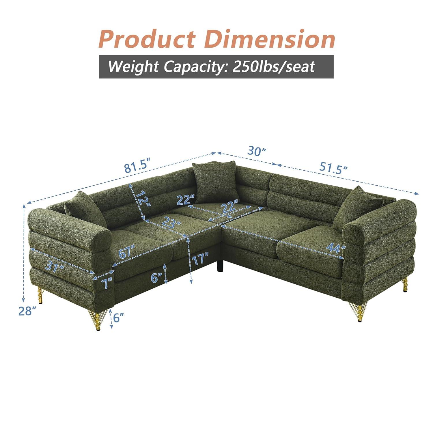 81.5" Oversized L-Shaped Sectional Sofa, Upholstered Teddy Fabric Corner Sofa with 3 Pillow, 5-Seater Corner Sofas with Padded Cushions, Indoor Modular Sofa for Living Room, Bedroom, Office, Green