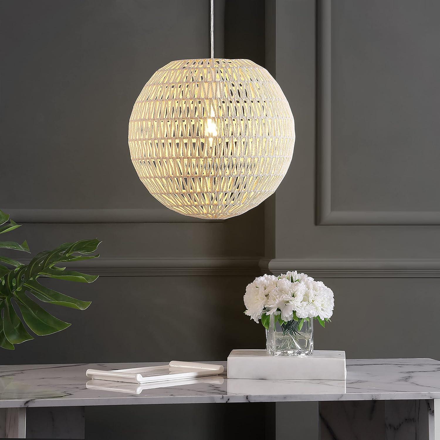 Luna 15.75" 1-Light Bohemian Modern Woven Rattan/Iron LED Pendant, Cream/White