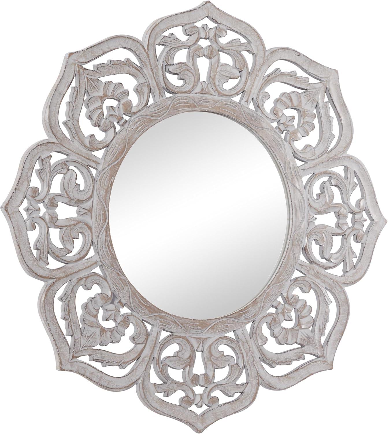 DecMode 32" x 32" White Carved Floral Wall Mirror with Cutout Design