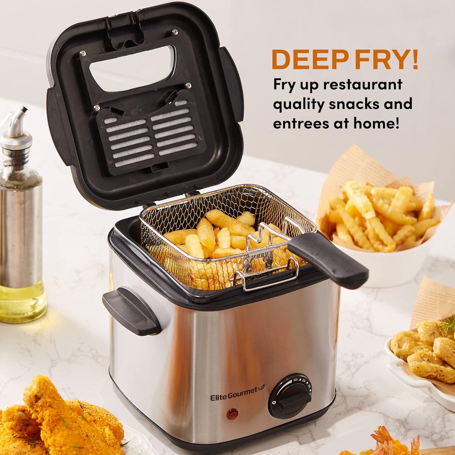 Elite Gourmet 1.5 qt 800W Electric Deep Fryer, Stainless Steel