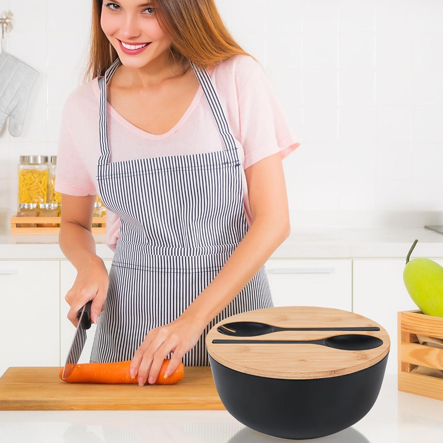 GEHE Bamboo Fiber Salad Bowl with Servers Set - Large 9.8 inches mixing bowls Solid Bamboo Salad Wooden Bowl with Bamboo Lid Spoon for Fruits,Salads and Decoration (Black, 9.8INCH)