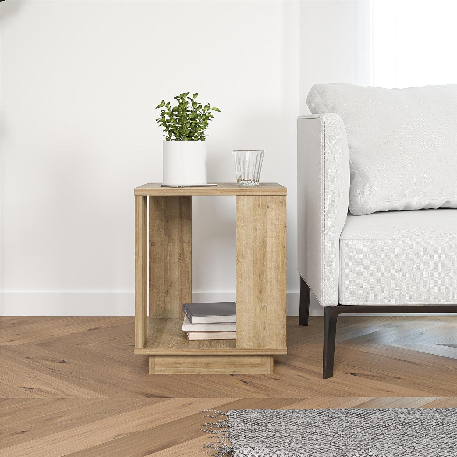 Natural Engineered Wood Rectangular Side Table with Shelf