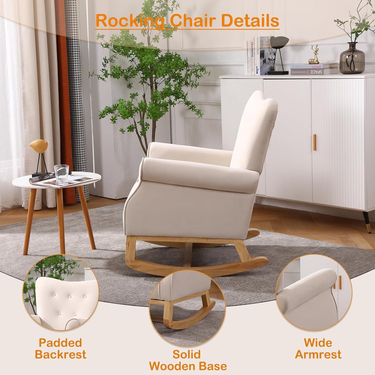 Velvet Nursery Glider Rocker with Comfy Armrest, Accent Rocking Chair with Solid Wood Legs for Baby (Beige)