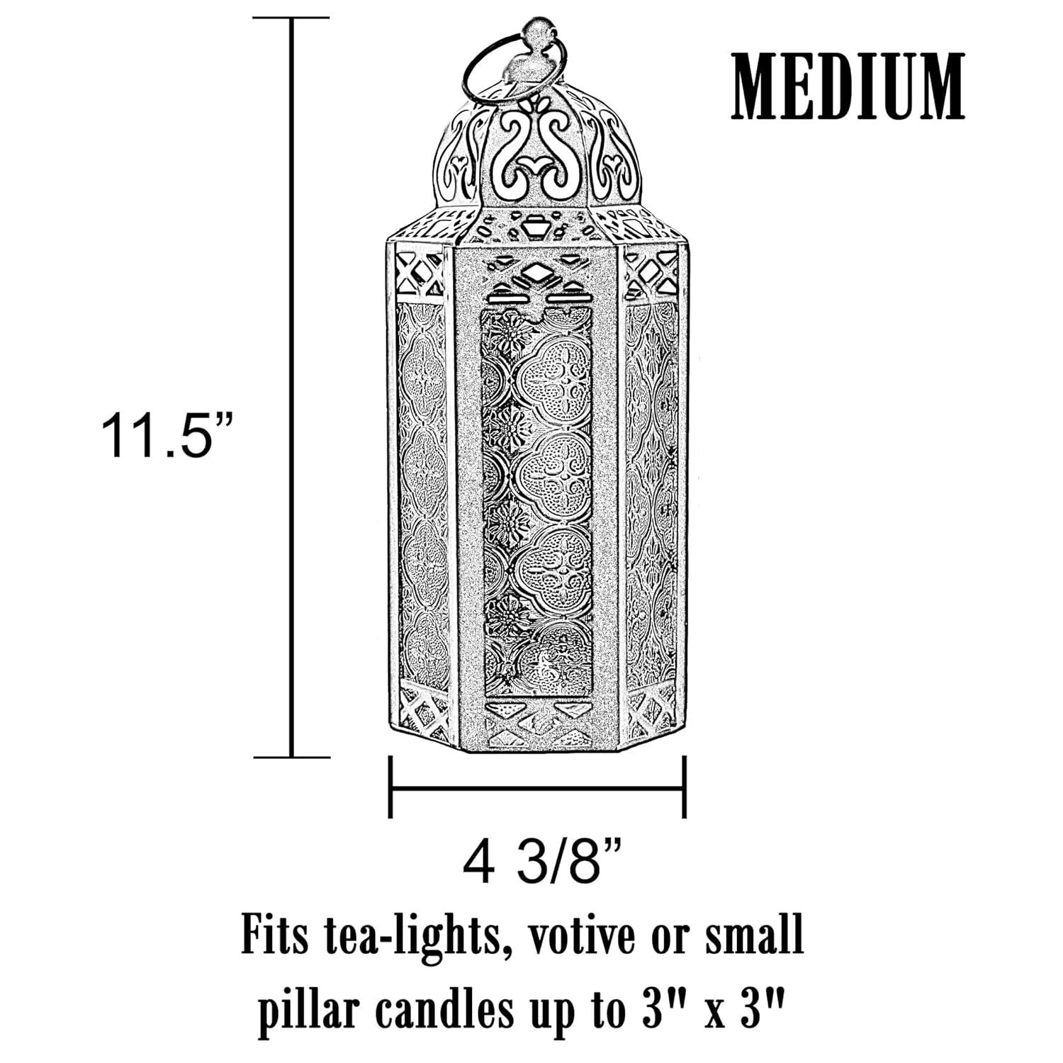 VELA LANTERNS 10.5" Moroccan Lamp Lantern Decorative Candle Holder for Indoor Outdoor Home Decor, Patio, Weddings, Ramadan Decorations, Black Metal, Purple Glass, Medium, Set of 3