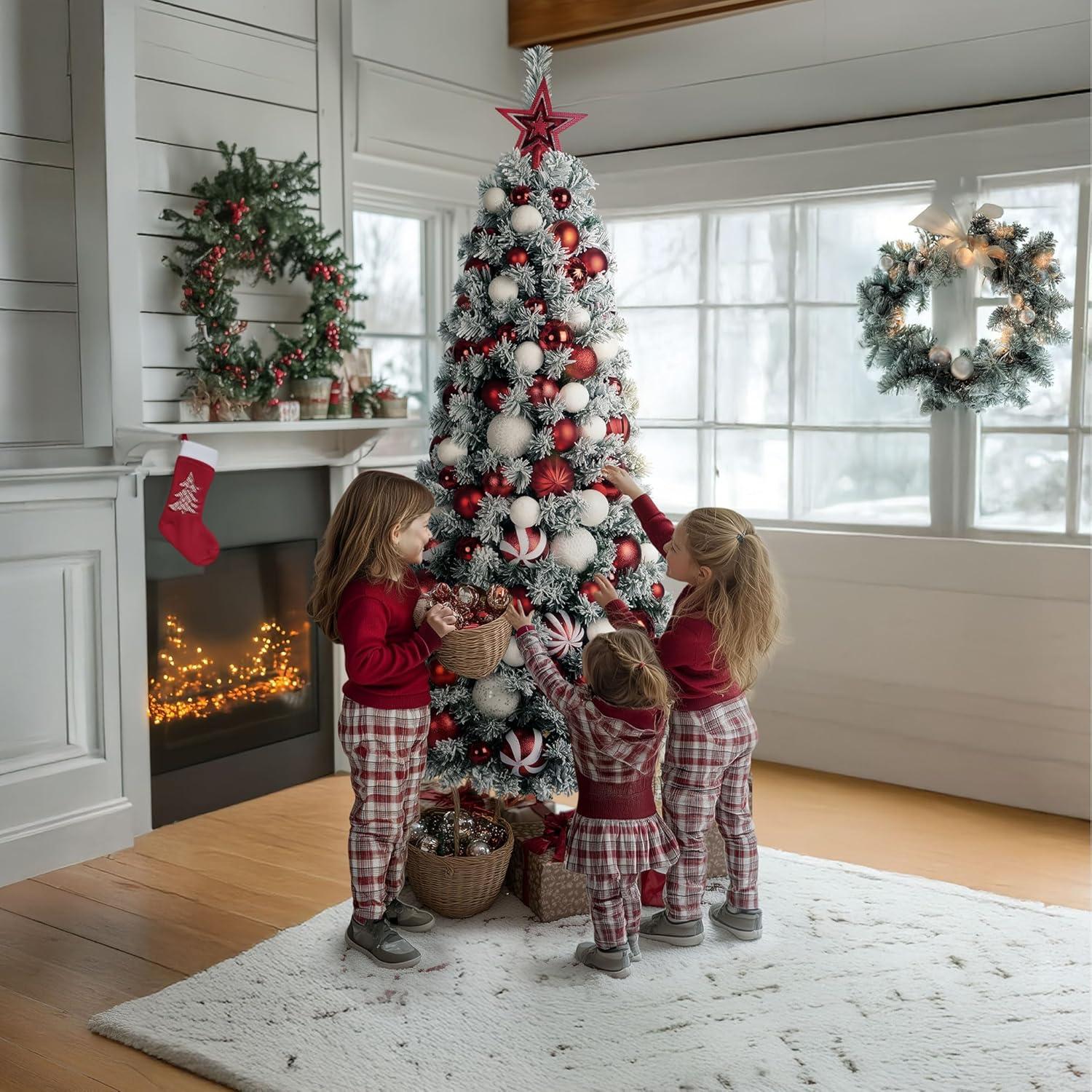 OasisCraft Un-lit 6.5Ft Snow Flocked Artificial Pencil Christmas Tree, Hinged Snowy Slim Xmas Tree Outdoor for Festive Holiday Decoration Metal Stand