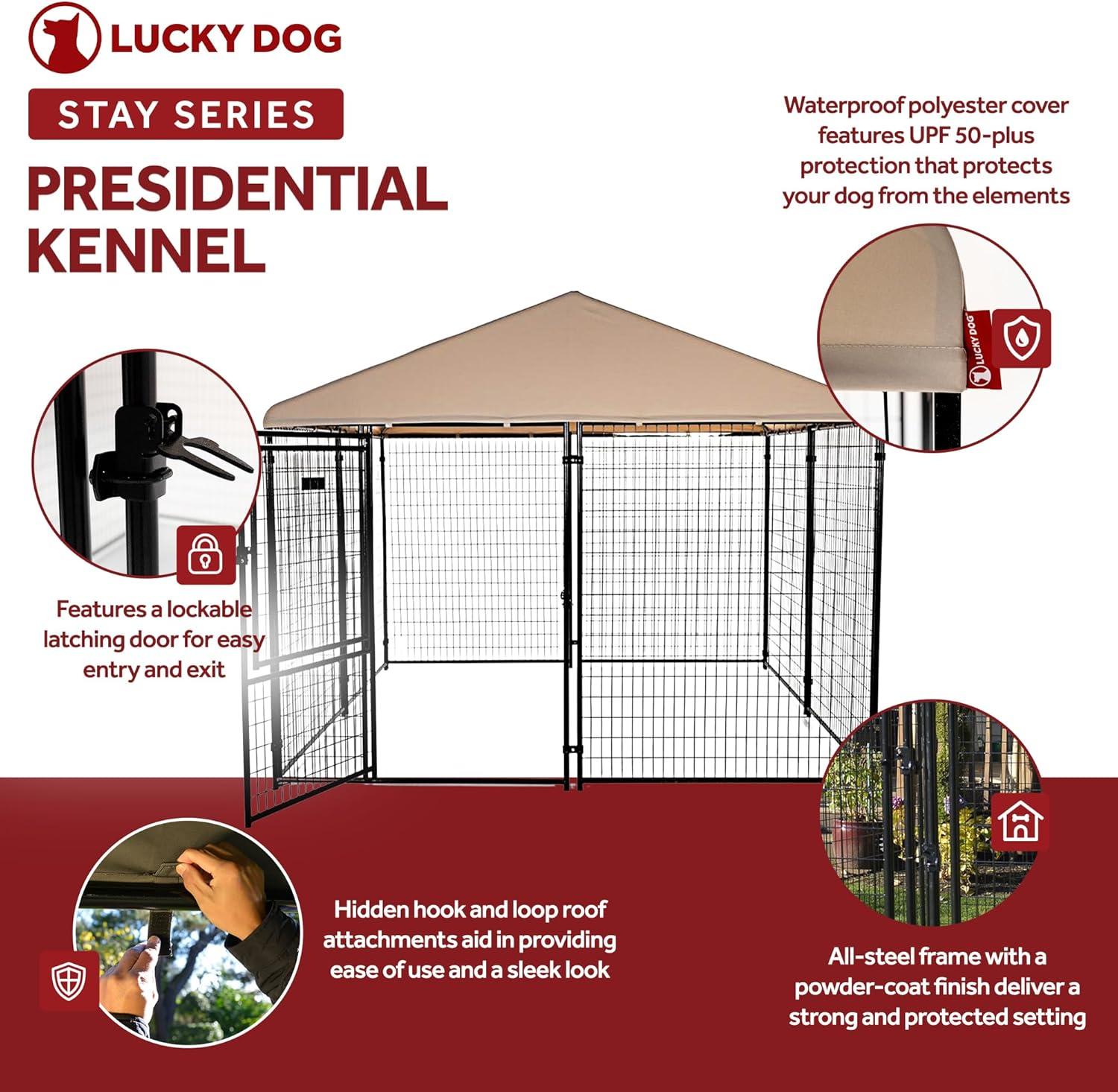 Lucky Dog STAY Series Presidential 10 x 10 x 6 Ft Roofed Dog Kennel, Khaki