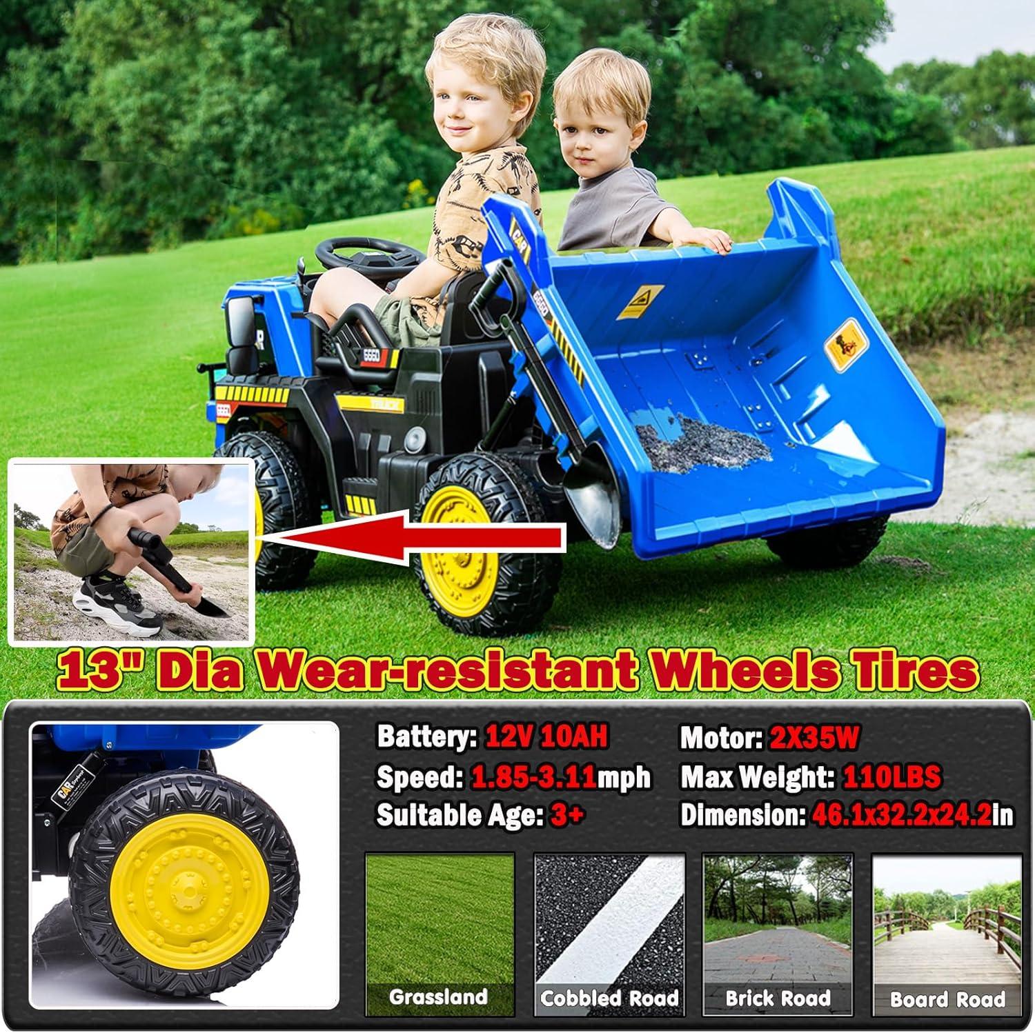 NEWQIDA 12V Ride On Dump Truck for Kids Car with Remote Control Construction Vehicles with Electric Dump Bed/Shovel, Ride On Toys for Boys Girls, 19" Spacious Seat, Music, Soft Start, Music, Blue