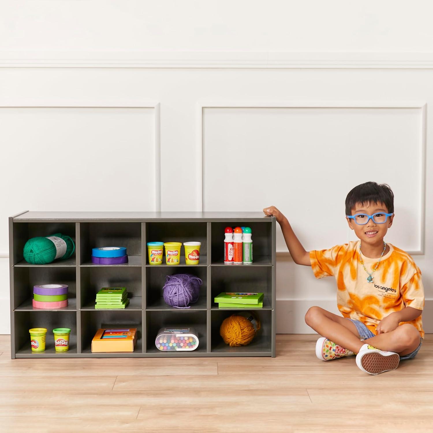 Grey Wash 12-Cubby Tray Storage Cabinet with Birch Plywood