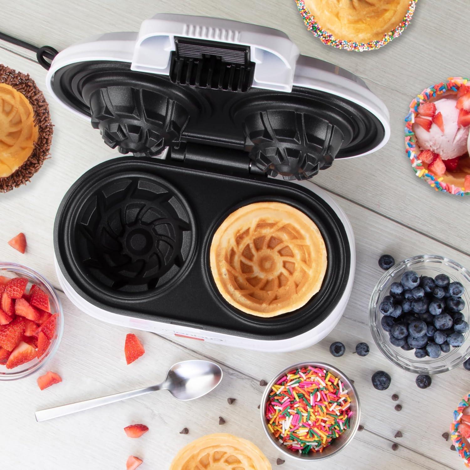 Double Waffle Bowl Maker- Make two 4" Ice Cream Cone Bowls at Once, NonStick Electric Baker for Homemade Icecream Treats, Easy to Use, Recipes Included - Great for Summer