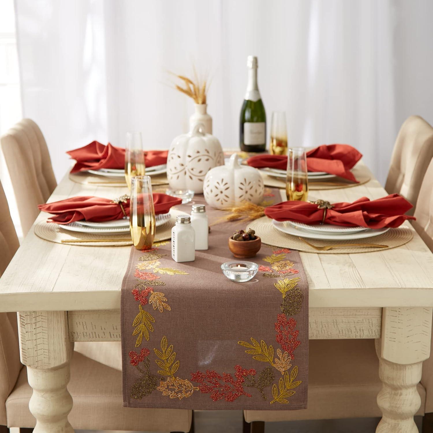 Shimmering Taupe Embroidered Leaves 70" Table Runner