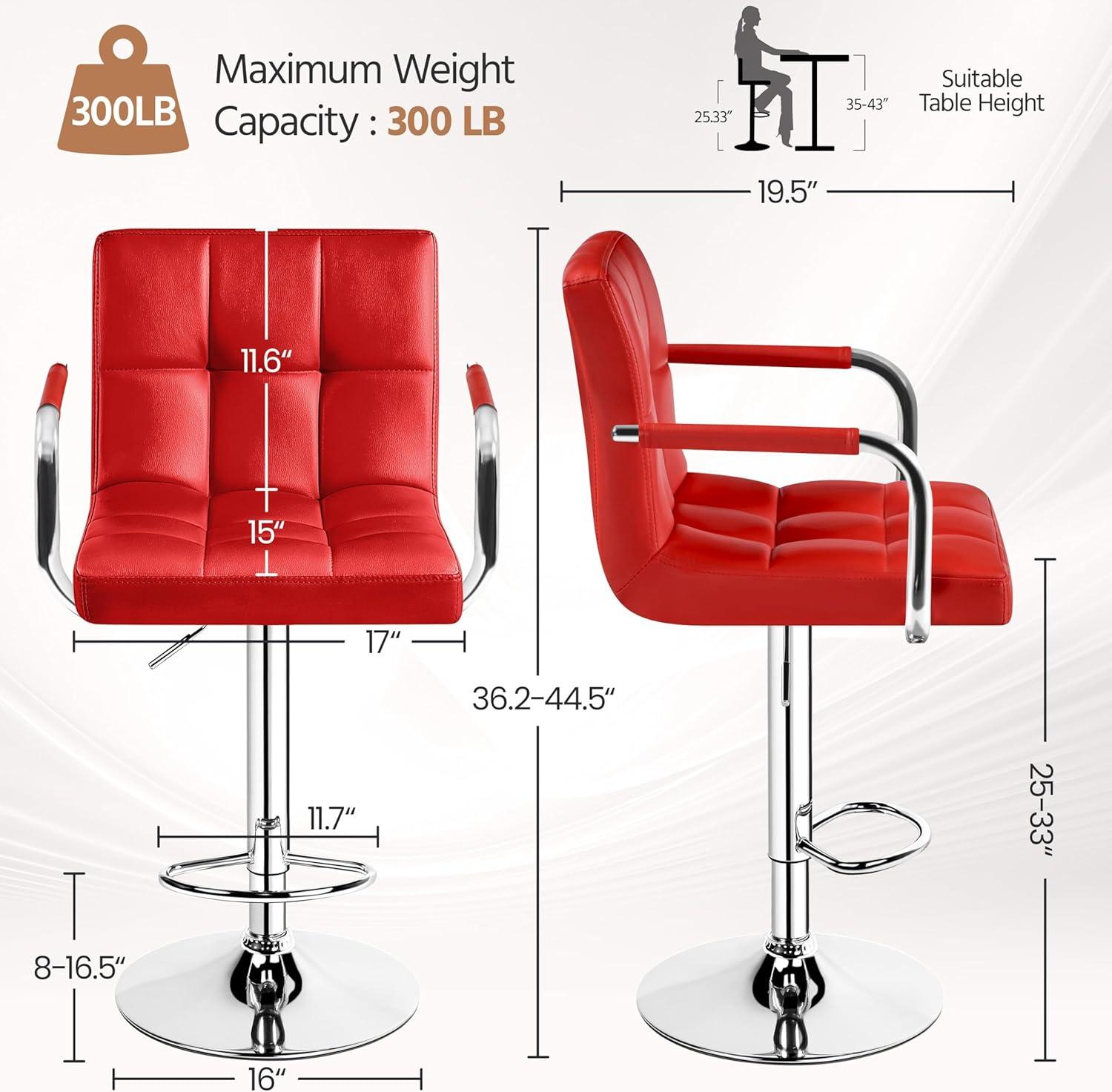 Killeryuki Tall Bar Stools Set of 2 Modern Square PU Leather Adjustable BarStools Counter Height Stools with Arms and Back Bar Chairs 360° Swivel Stool, Red