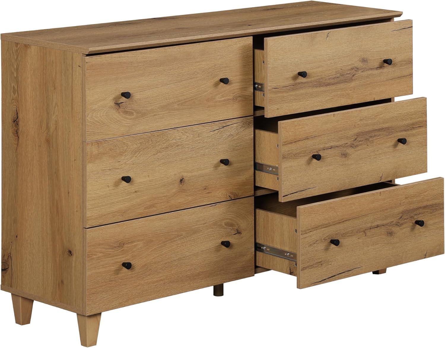 6 Drawers Dresser for Bedroom, Modern Wide Double Dressers with Chest of Drawers, Wooden Closet Organizer, Oak Brown Wood Finish