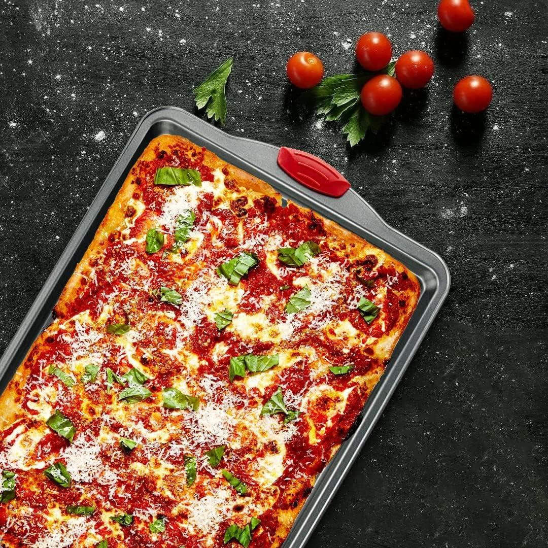 Heavy-Duty Nonstick Gray Sheet Pans with Red Silicone Grips