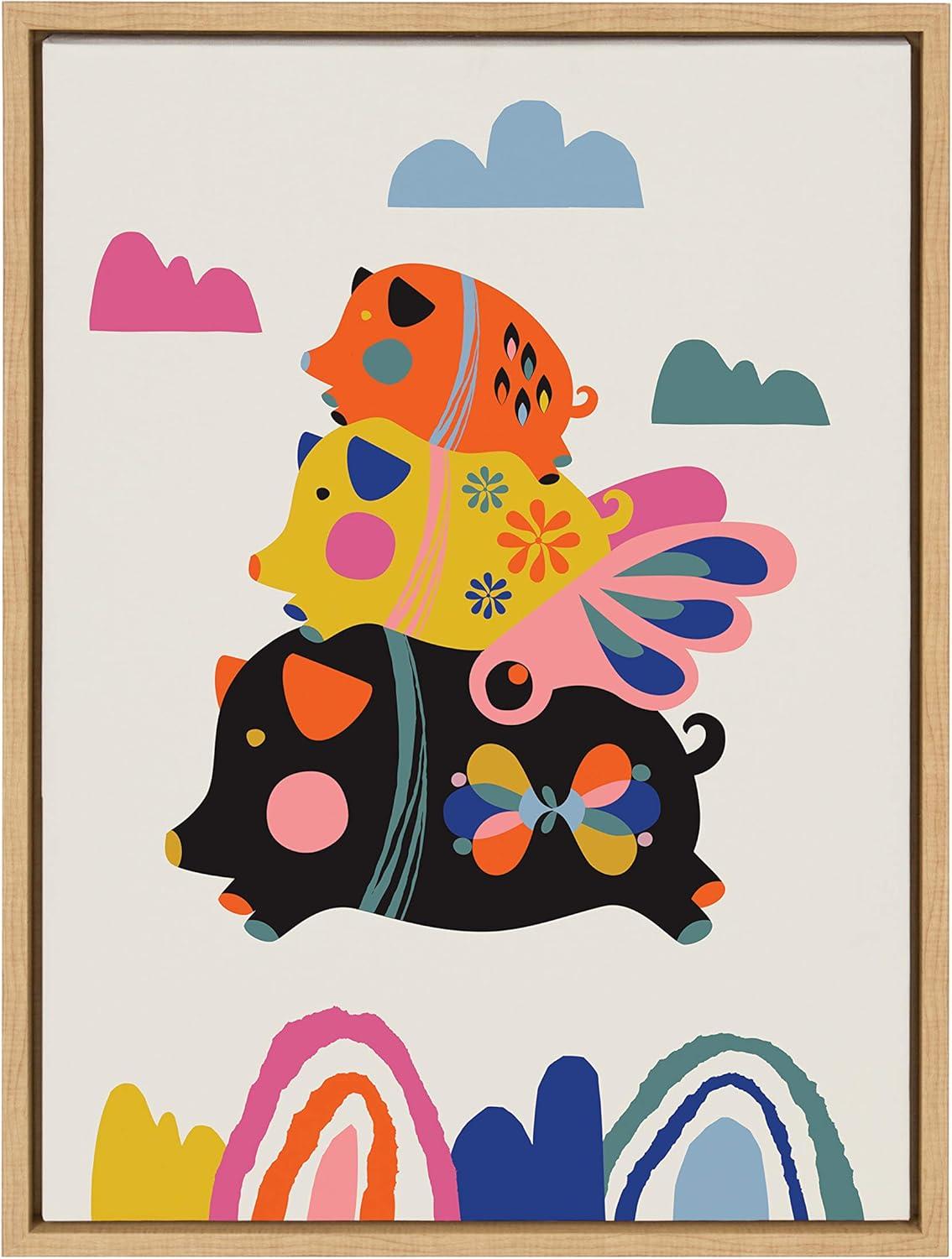 18" x 24" Sylvie Flying Pigs Framed Canvas Wall Art by Rachel Lee Natural - Kate and Laurel