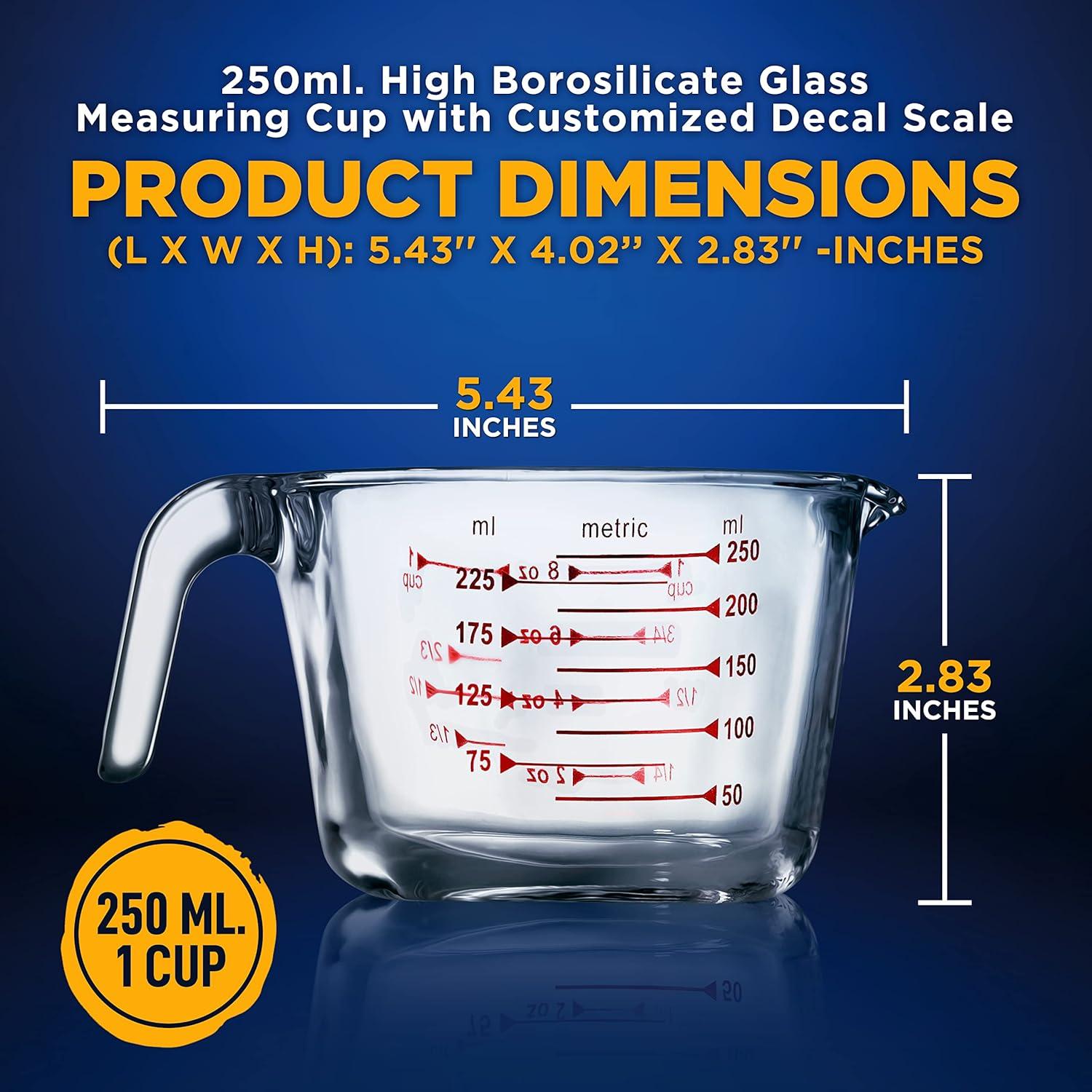 NutriChef 250 ml Clear Borosilicate Glass Measuring Cup with Red Decal Scale