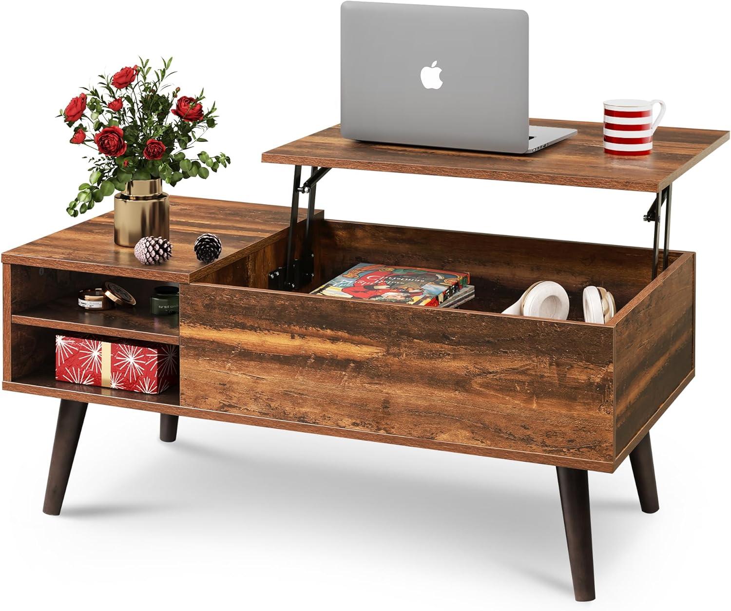 Rustic Oak Lift-Top Coffee Table with Adjustable Storage