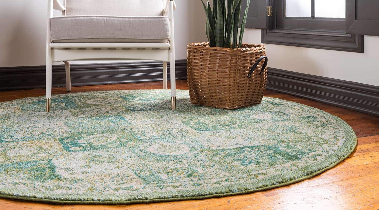 Elegant Geometric Green Round Synthetic Rug - 3'3"