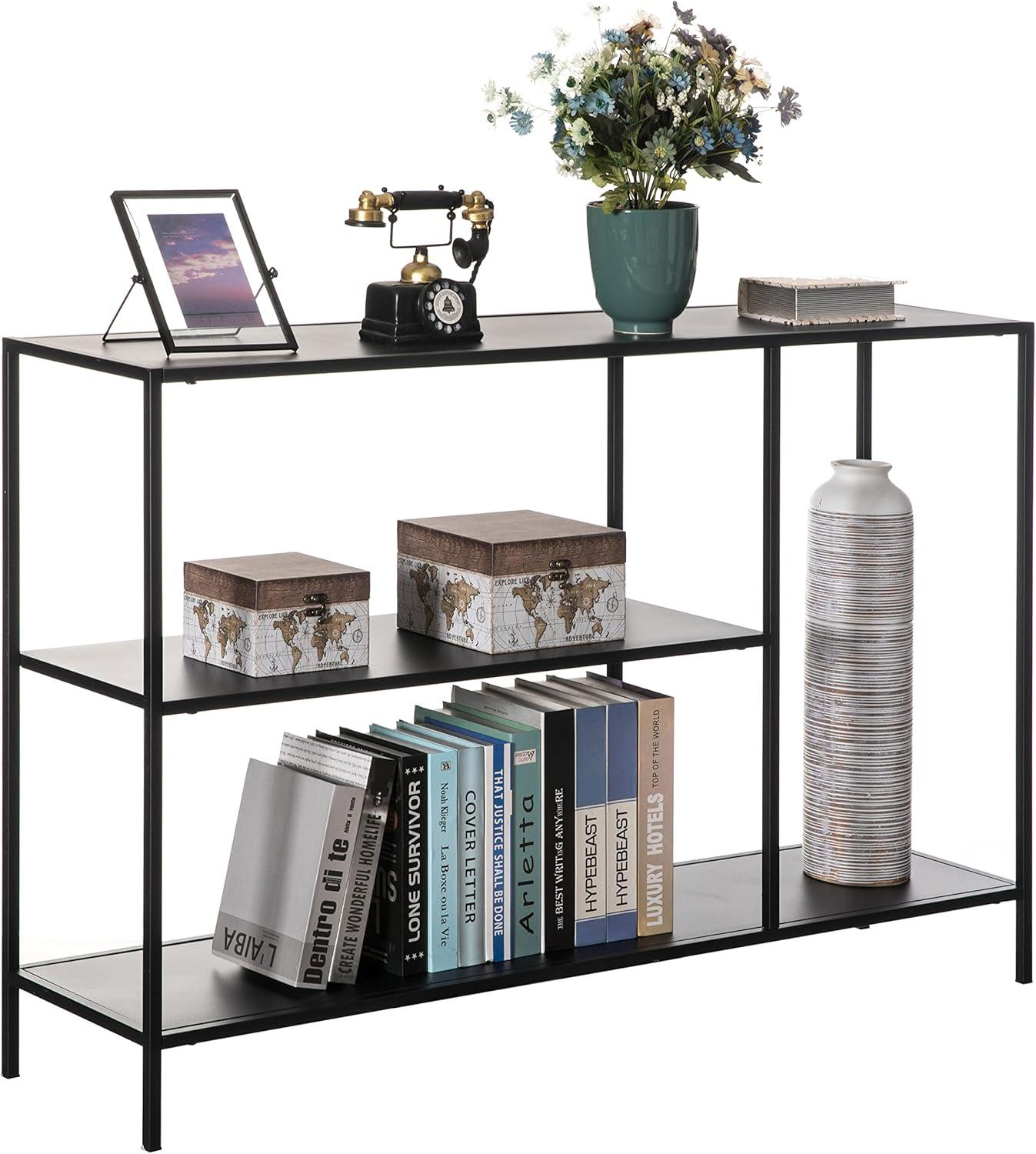 Fabulaxe Modern Display Metal Console Table with Open Shelfs, for Dining, Entryway and Hallway, Black