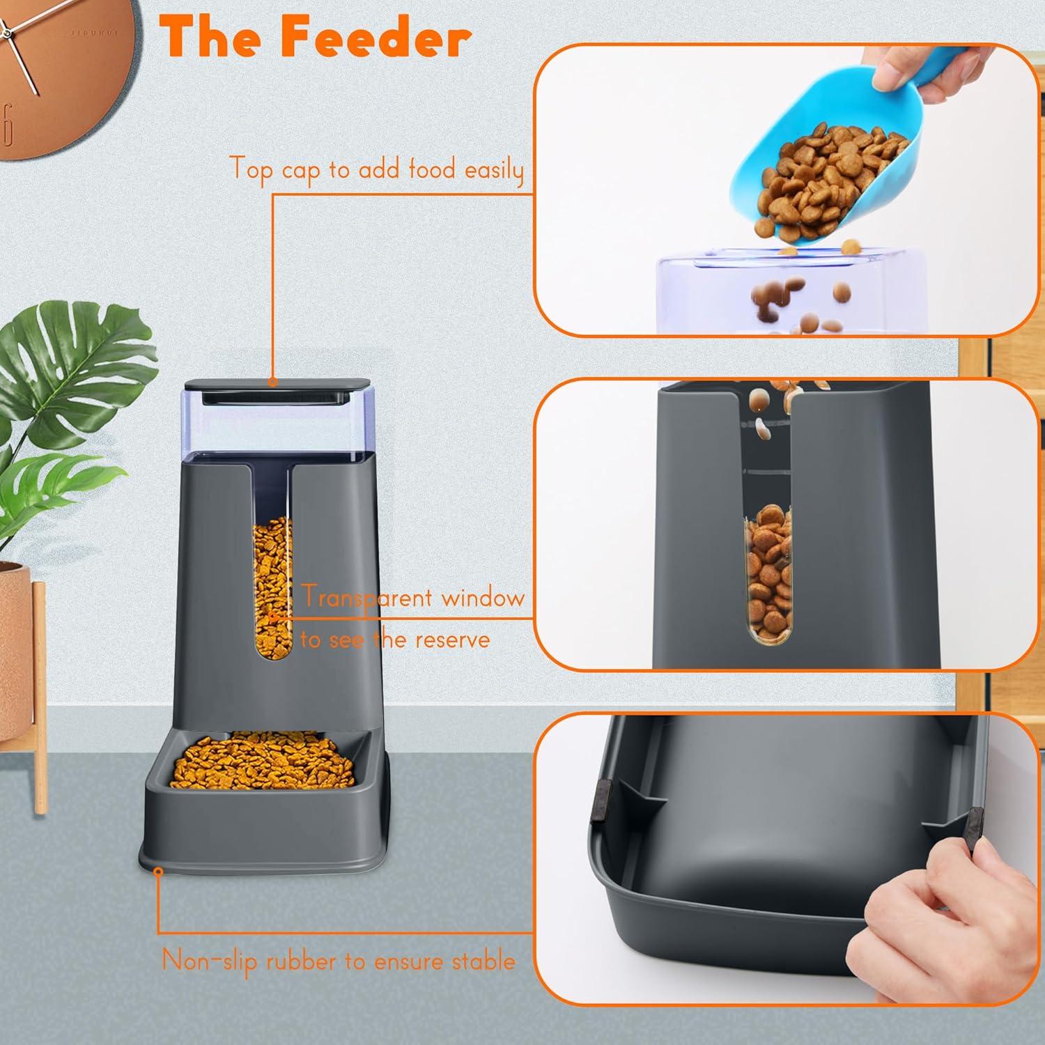 Automatic Cat Feeder and YPF5 Cat Water Dispenser in Set 2 Packs Automatic Dog Feeder and Dog Water Dispenser 1 Gallon for Small Medium Big Dog Pets Puppy Kitten (deep Gray)