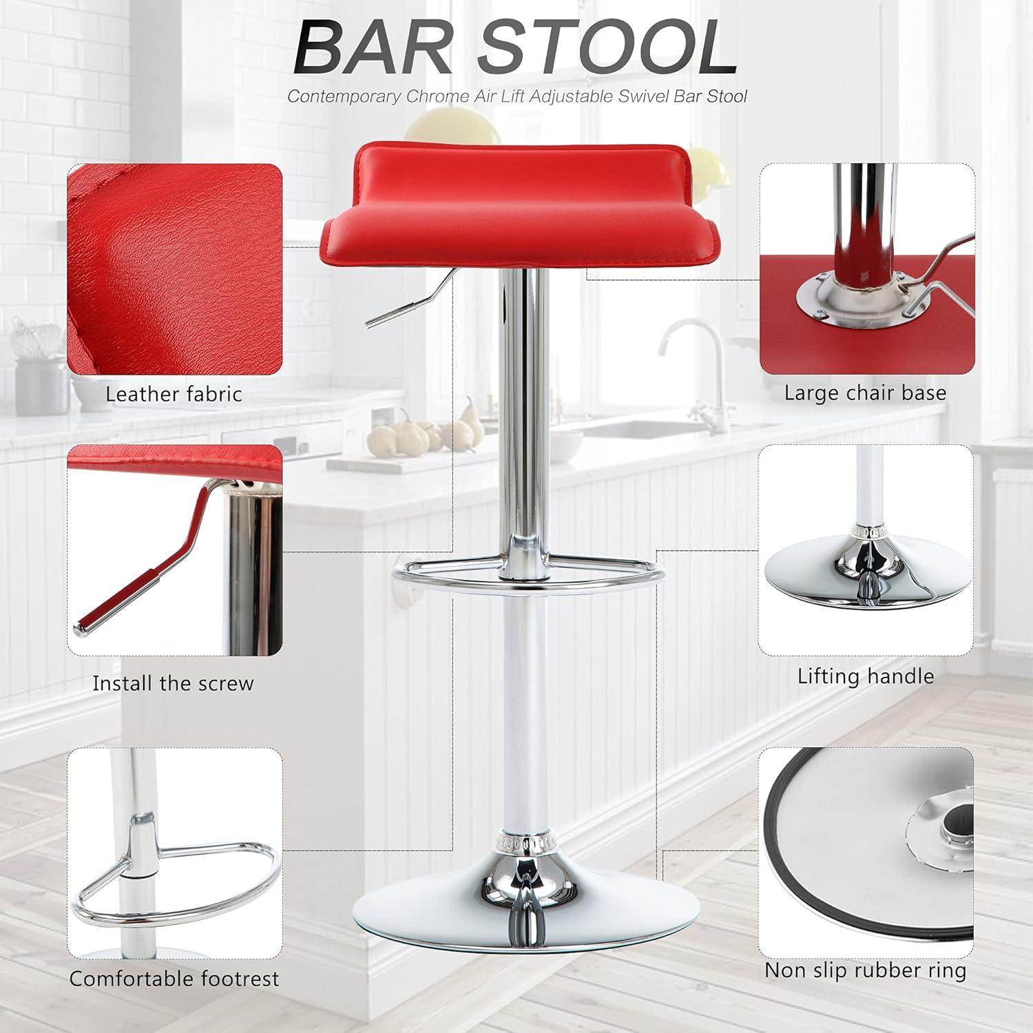 Bar Stools Set of 2 Modern Square PU Leather Adjustable BarStools Counter Height Stools with Backless 360° Swivel Stool Red