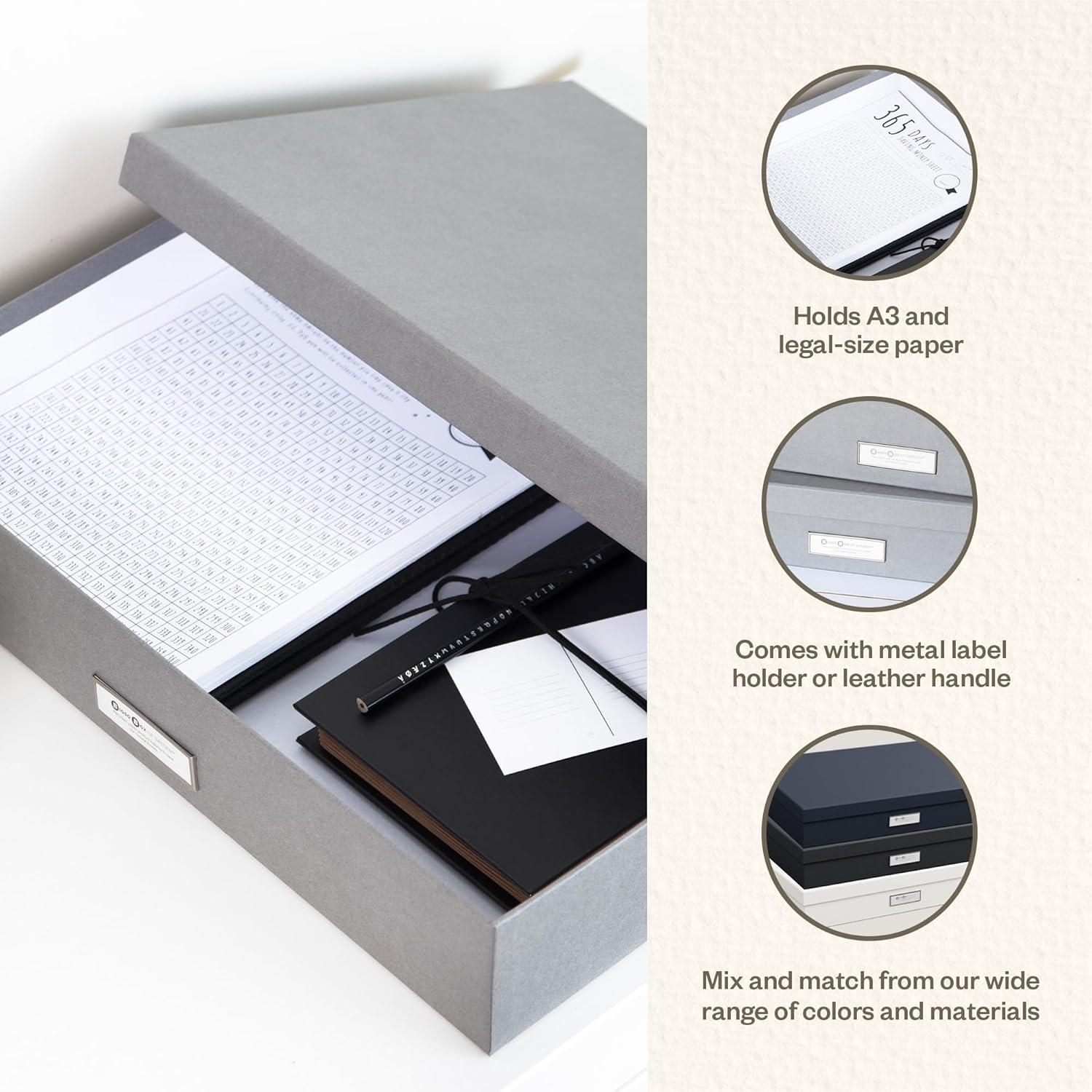 Bigso Box of Sweden Sverker Fiberboard Legal and Art Storage Box | Scrapbook Storage Box| Durable Document Boxes with Lid and Metal Label Holder | 17.1’’ x 12.2’’ x 3.3’’ | Grey