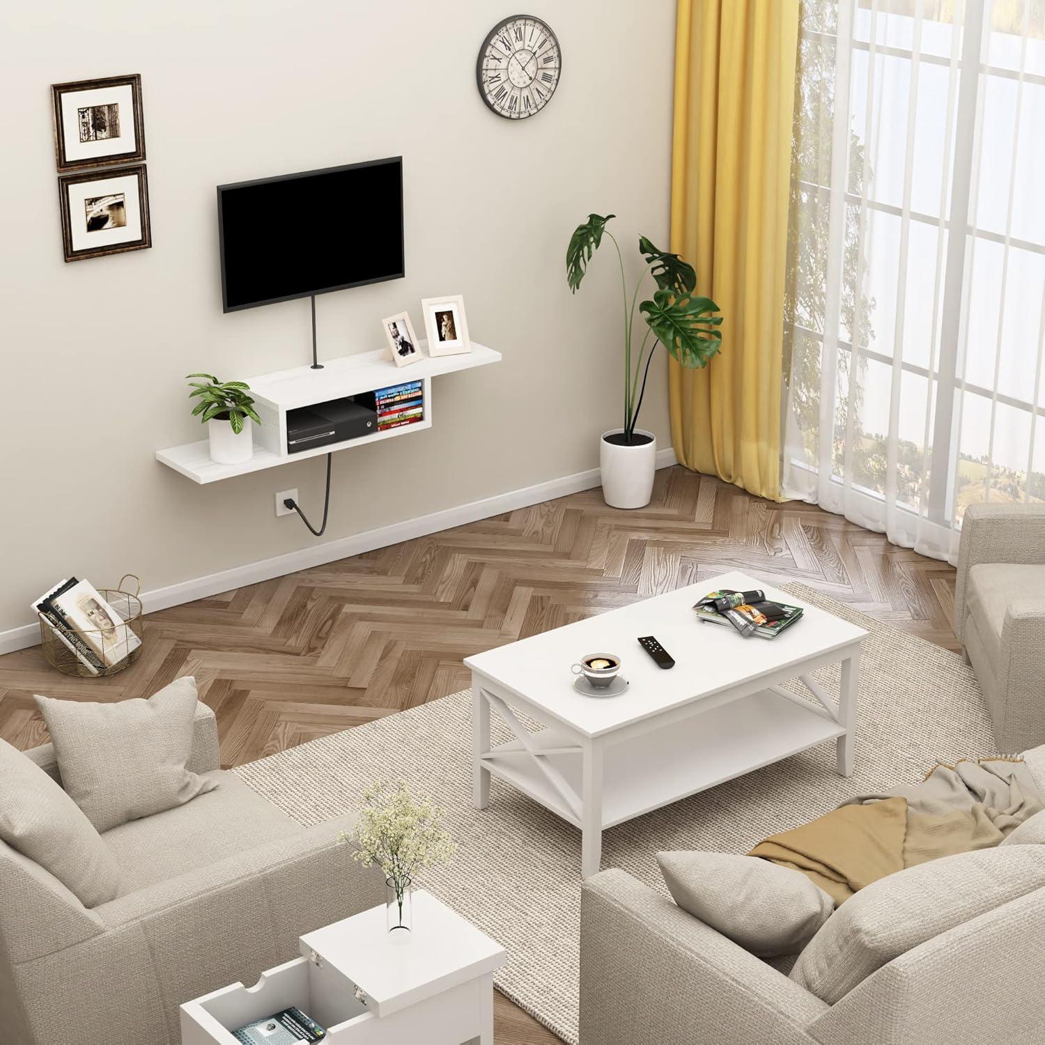 ChooChoo Floating TV Stand Shelf, Wall Mount Entertainment Center Media Console for Living Room, Bedroom, White