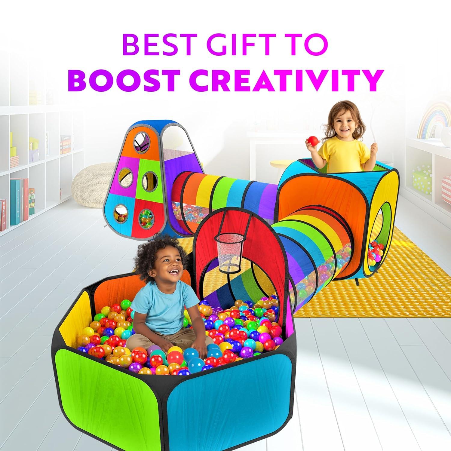 Playz 5pc Kids' Play Tents & Tunnels - Ball Pit for Toddlers, Basketball Hoop, Crawling Tubes, Pop-Up Playhouses, Baby Obstacle Course for Indoor or Outdoor Use