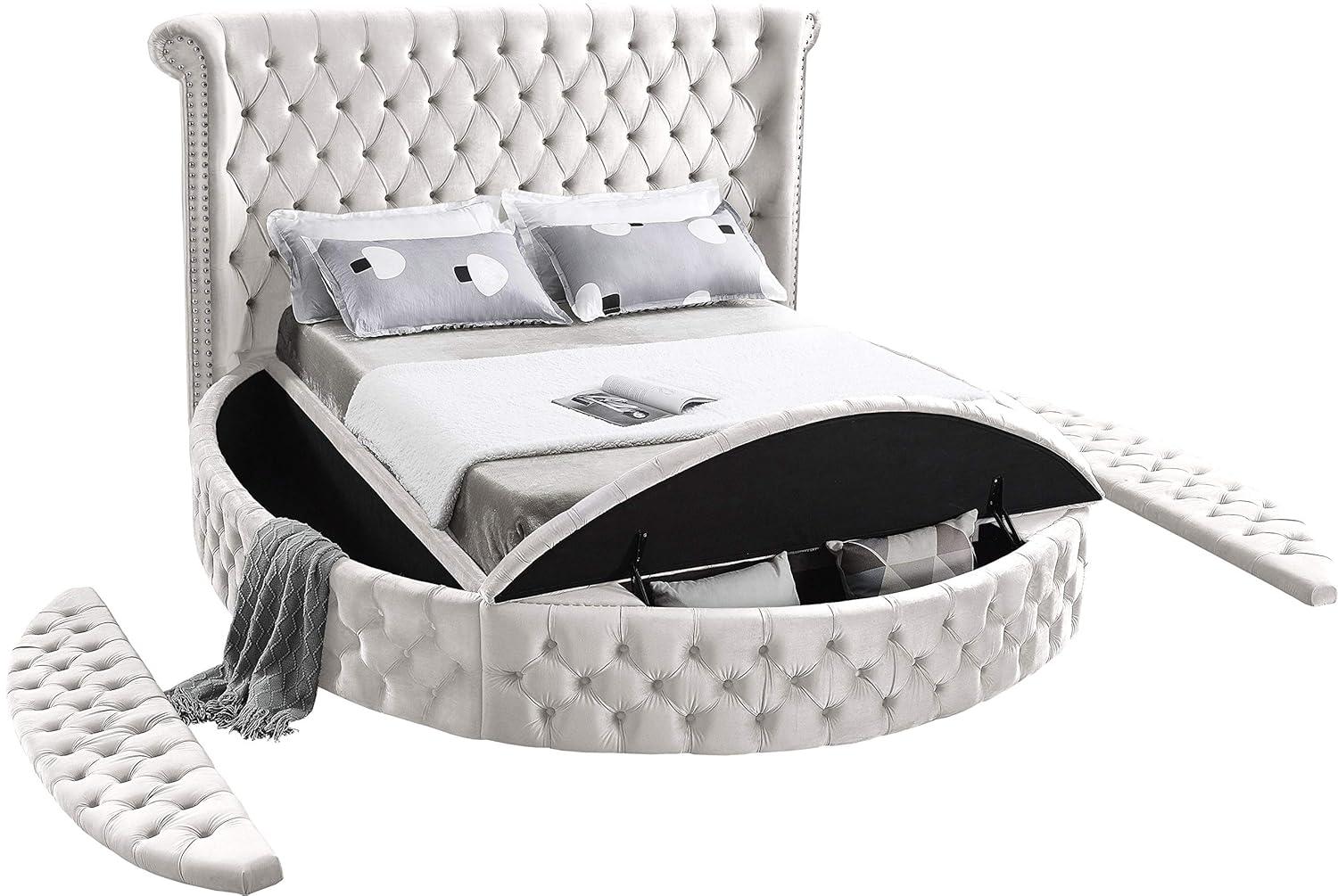 Meridian Furniture King Size Deep Button Tufting Modern Velvet Platform Bed with Storage, Cream