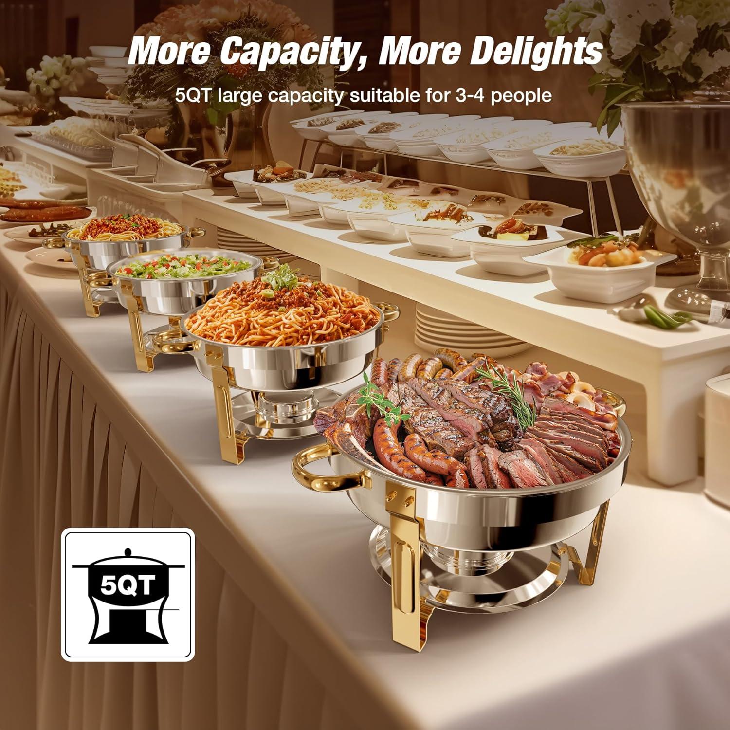 WARMOUNTS Chafing Dish Buffet Set, 5QT 4 Pack Gold Accent Stainless Steel Chafers and Buffet Warmers Sets with Glass Lid & Lid Holder for Parties Catering Events Weddings Banquets