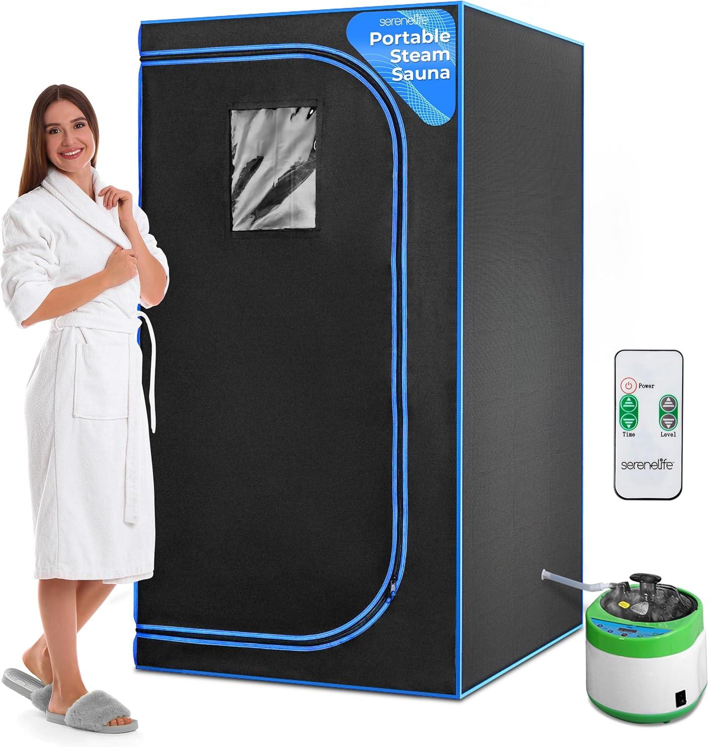 SereneLife Portable Full Size Personal Home Spa Steam Sauna with Hand Access Zippers, Remote Control, Timer, and Folding Chair, Black