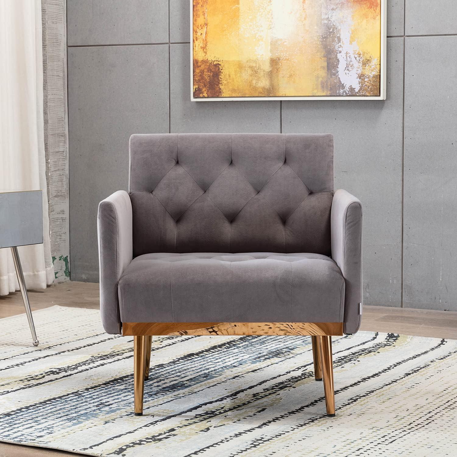 Velvet Accent Chair, Modern Wide Seat Single Sofa Armchair with Gold Metal Legs, Upholstered Button Tufted Reading Chair Club Chair for Living Room Bedroom Apartment, Gray