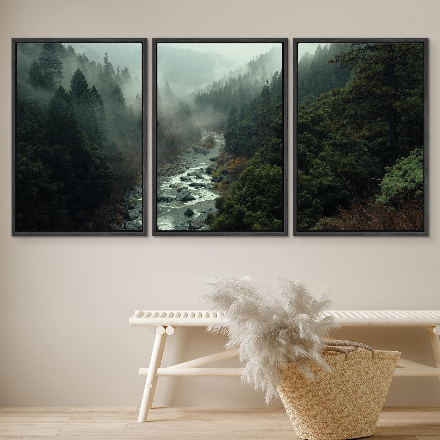 Misty Forest Landscape Moody Green River Nature Hazy Pictures Framed Canvas Print 3 Pieces Wall Art