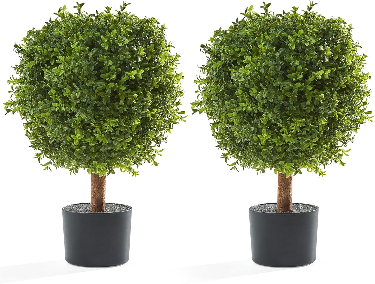 24"T Artificial Boxwood Ball Topiary Tree, Set of 2 Bushes Potted Plants for Porch Outdoor or Indoor, Home Decor UV Resistant